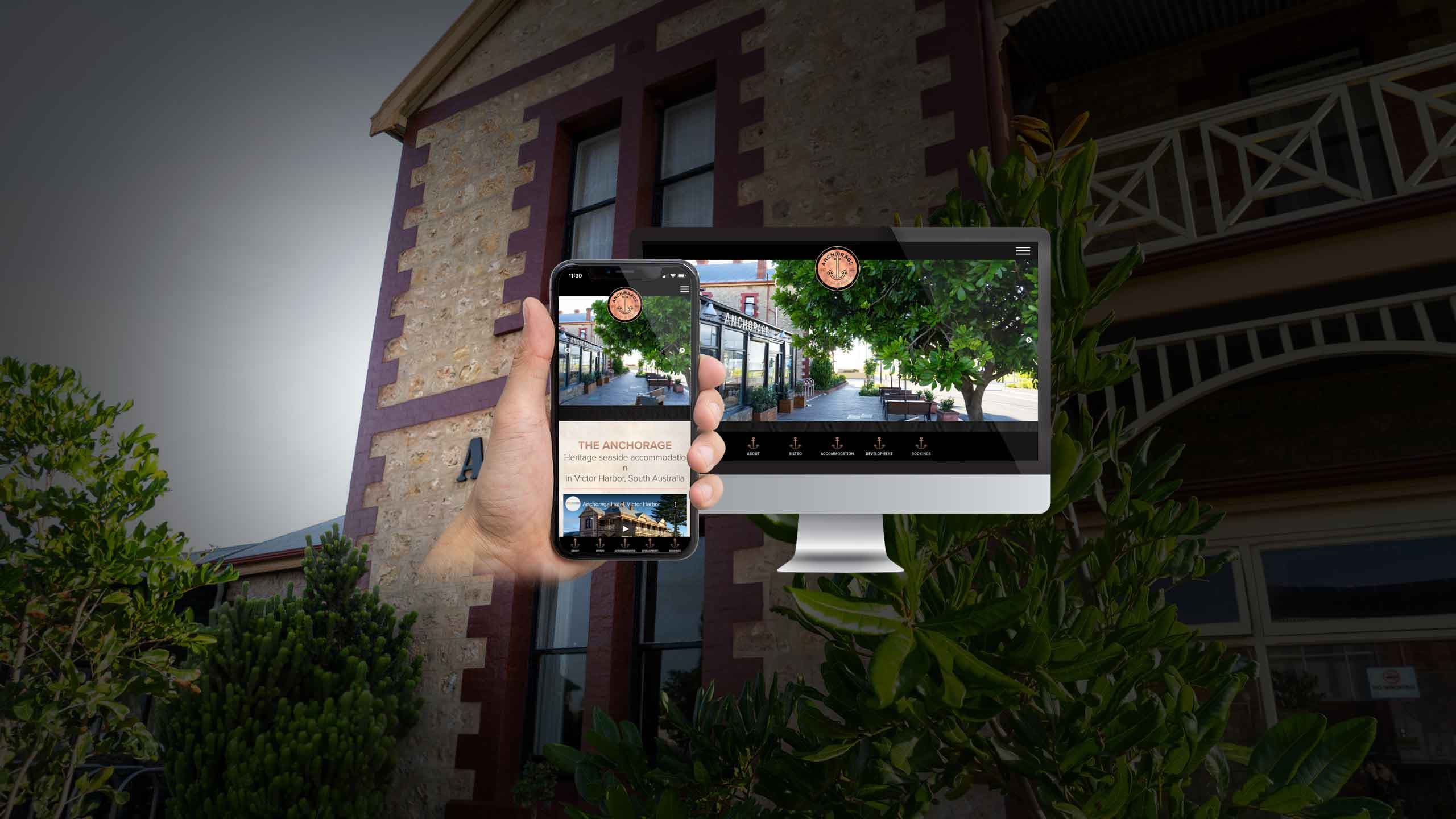 The Anchorage hotel website on desktop and mobile devices over its heritage Victor Harbor building