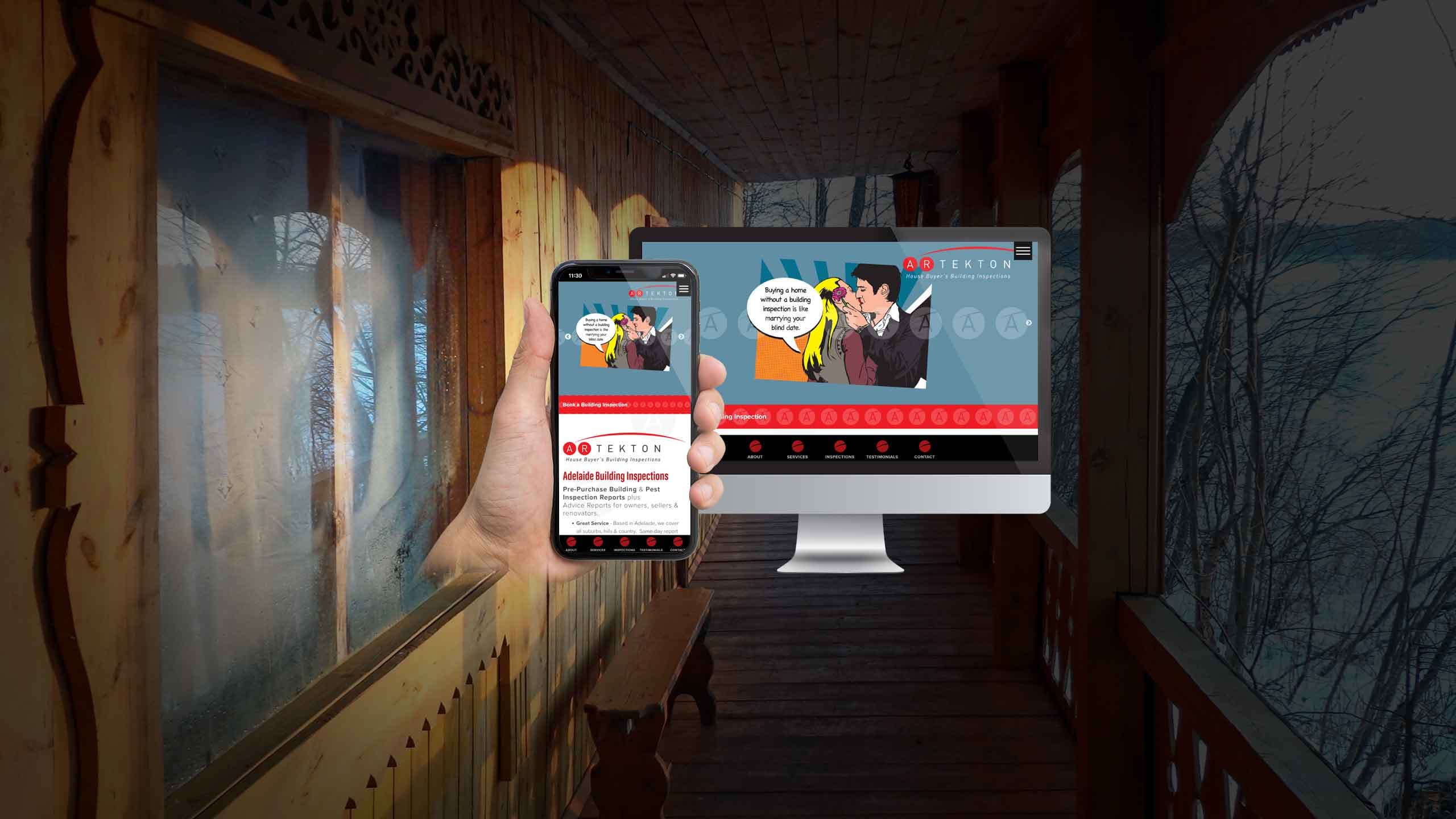 Artekton website About Us page mockup displayed in a rustic wooden hallway setting
