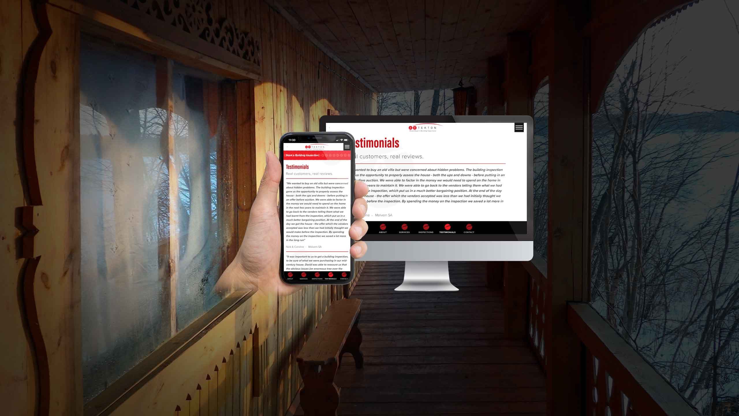 Artekton website Testimonials page mockup displayed in a rustic wooden hallway setting