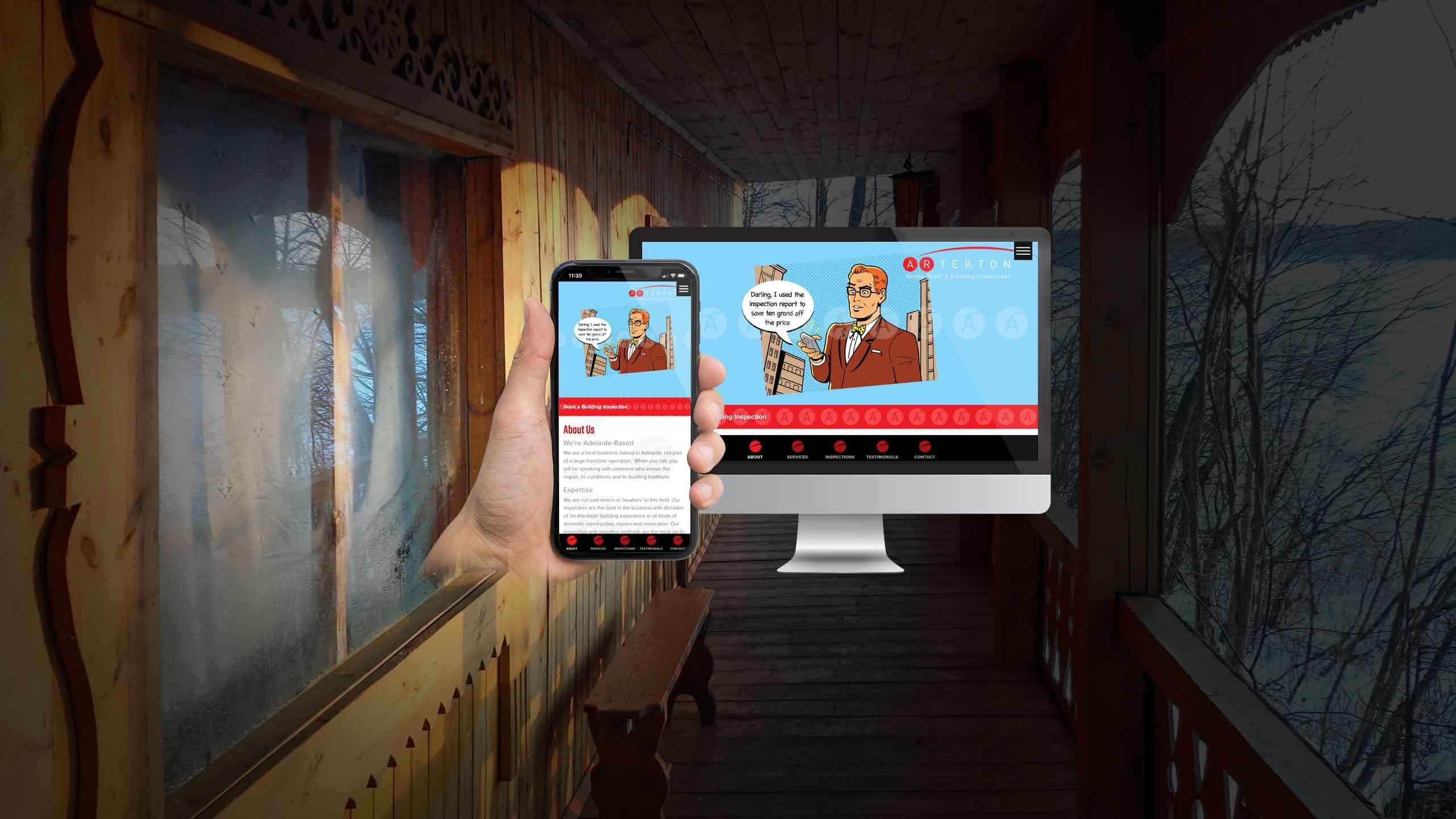 Artekton website homepage mockup displayed in a rustic wooden hallway setting
