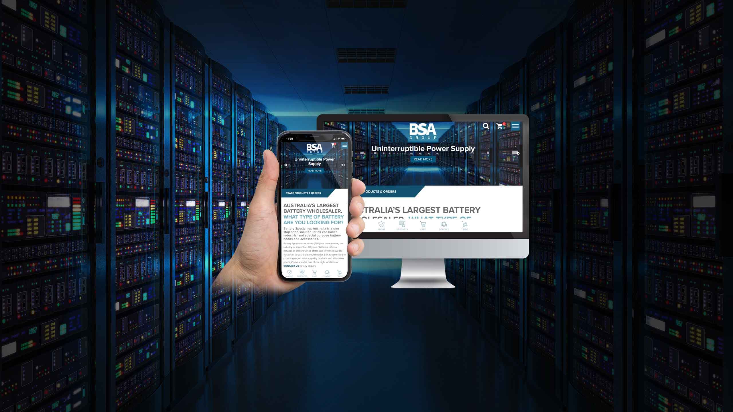 BSA Group website on desktop and mobile devices over a data centre server room background