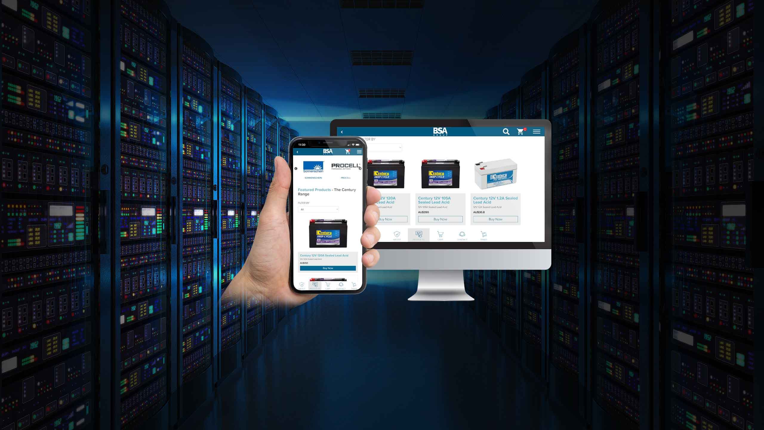 BSA Group products page on desktop and mobile devices over a data centre server room background