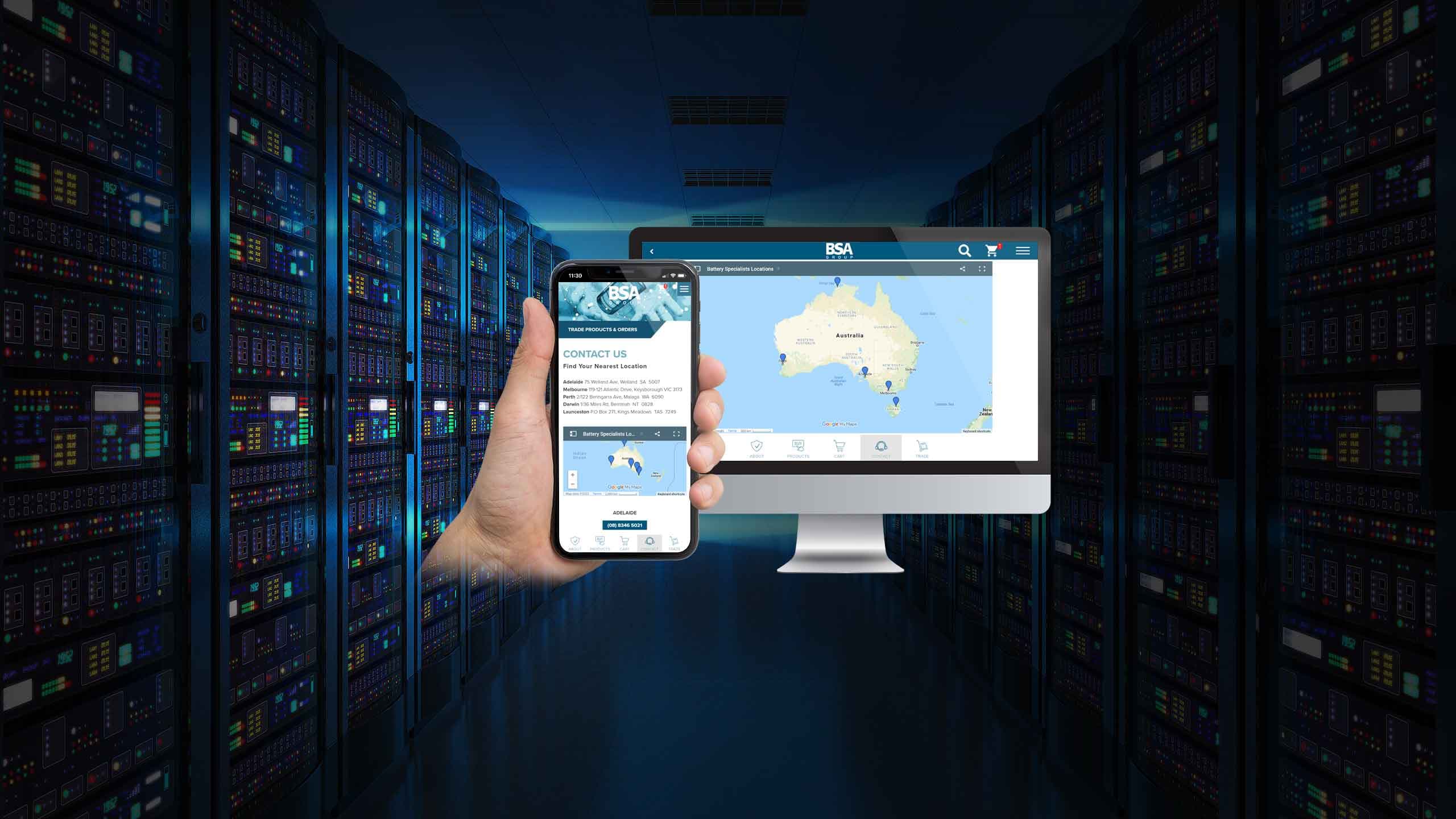 BSA Group contact page with store locator map on desktop and mobile devices over a server room background
