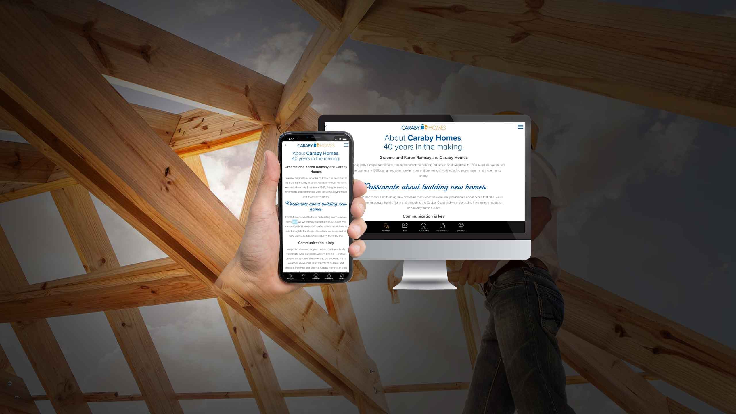 Caraby Homes about page on desktop and smartphone inside a house under construction