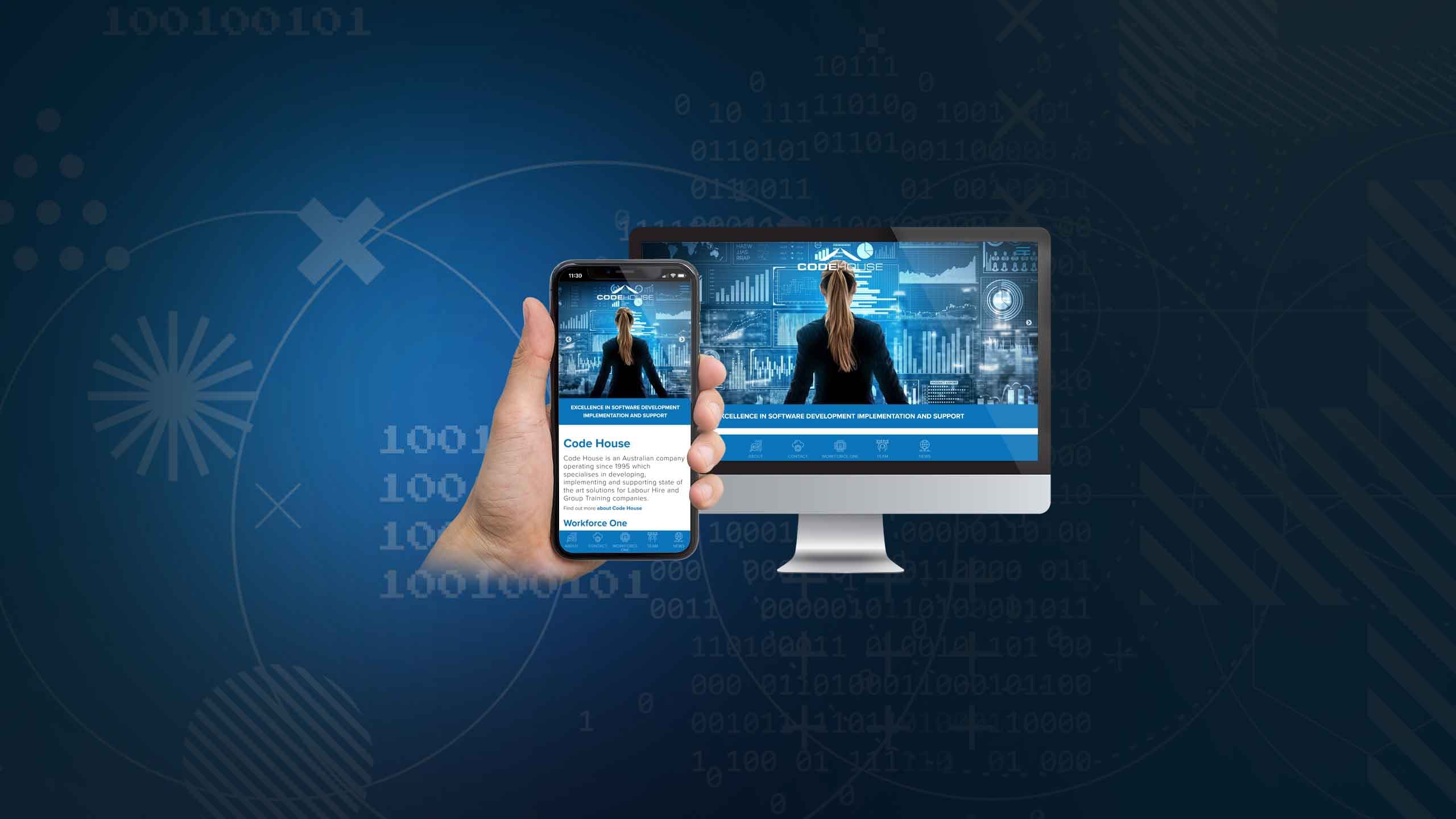 Code House website on desktop and smartphone against a digital tech background