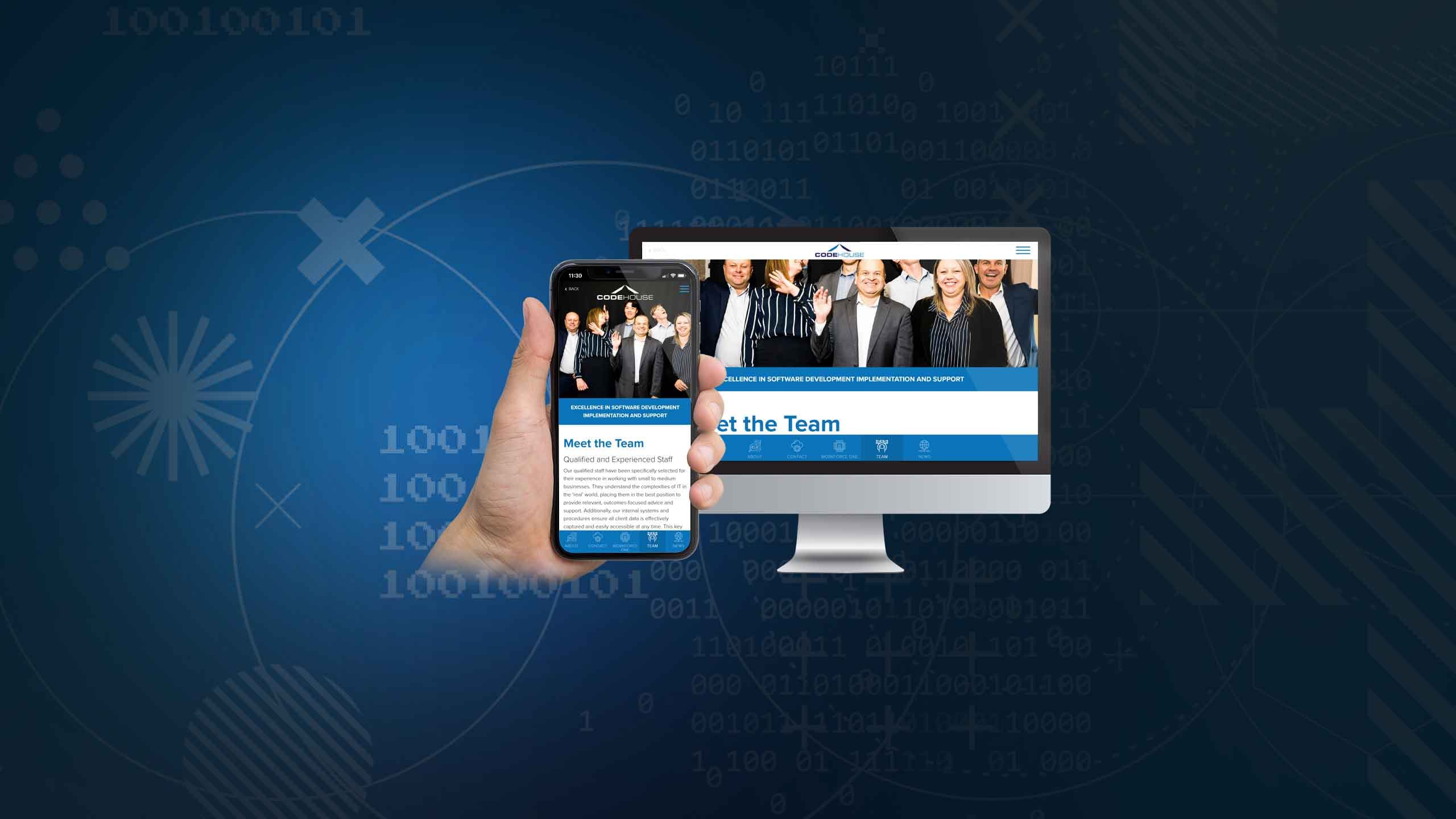 Code House Meet the Team page on desktop and smartphone against a digital tech background