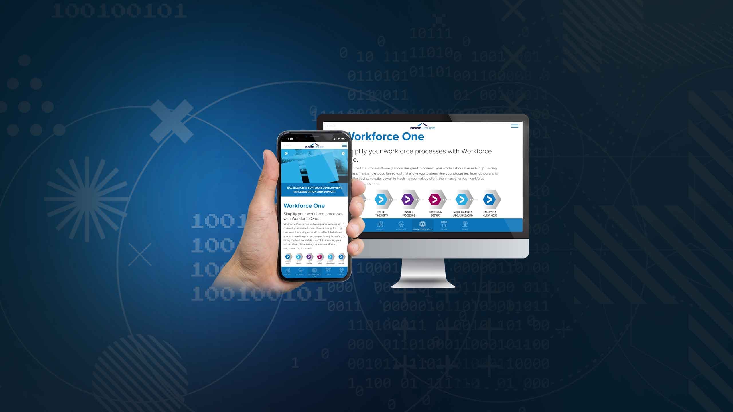 Code House Workforce One page on desktop and smartphone against a digital tech background