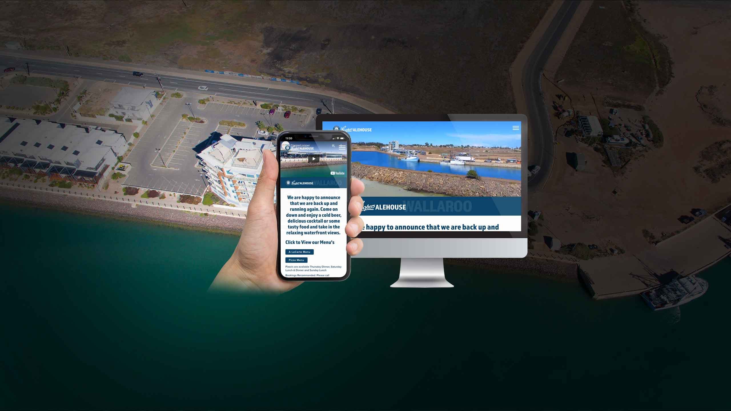 Coopers Alehouse Wallaroo website on desktop and smartphone over an aerial view of the Wallaroo waterfront