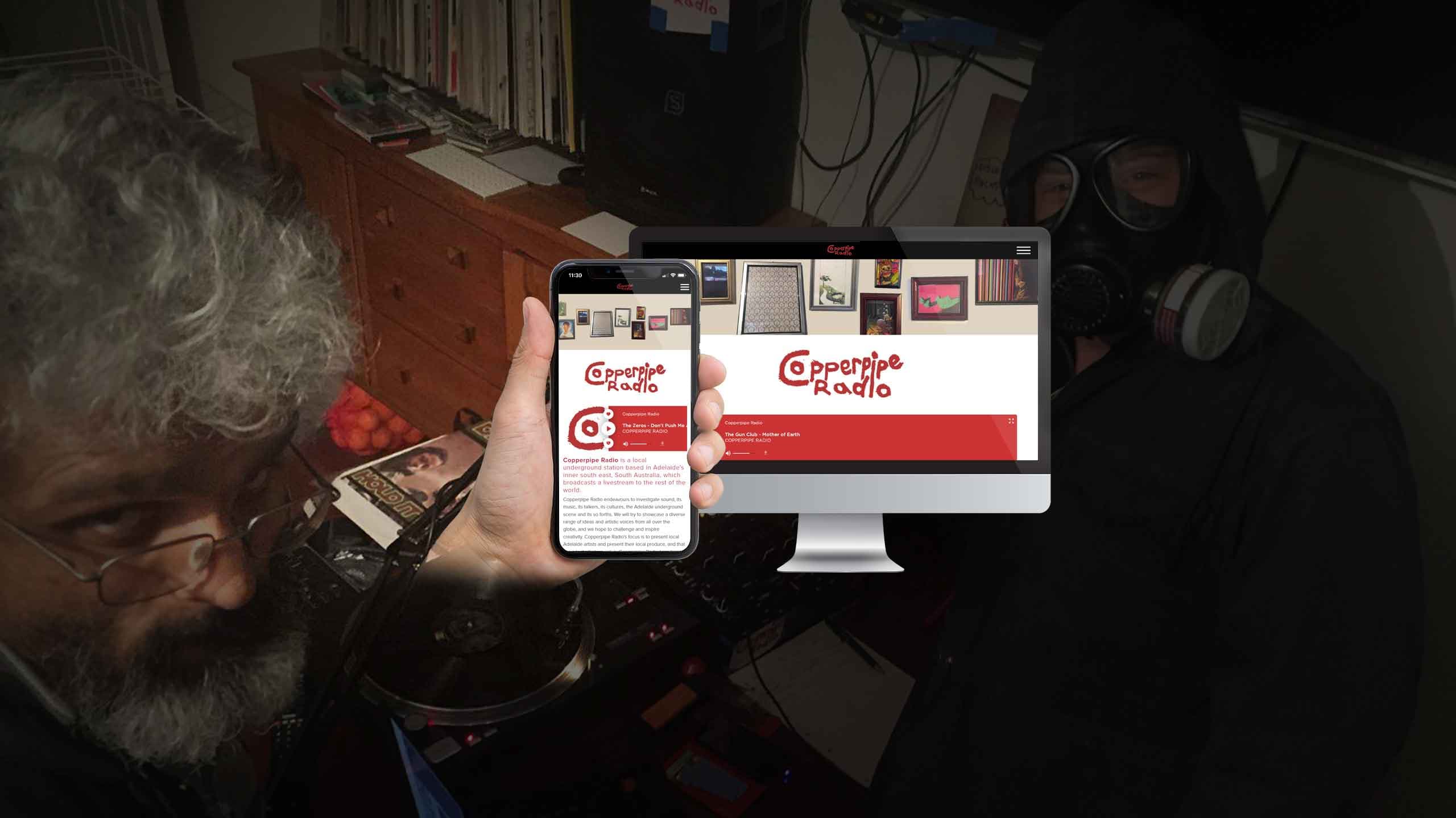 Copperpipe Radio homepage on desktop and smartphone in a dimly lit studio scene