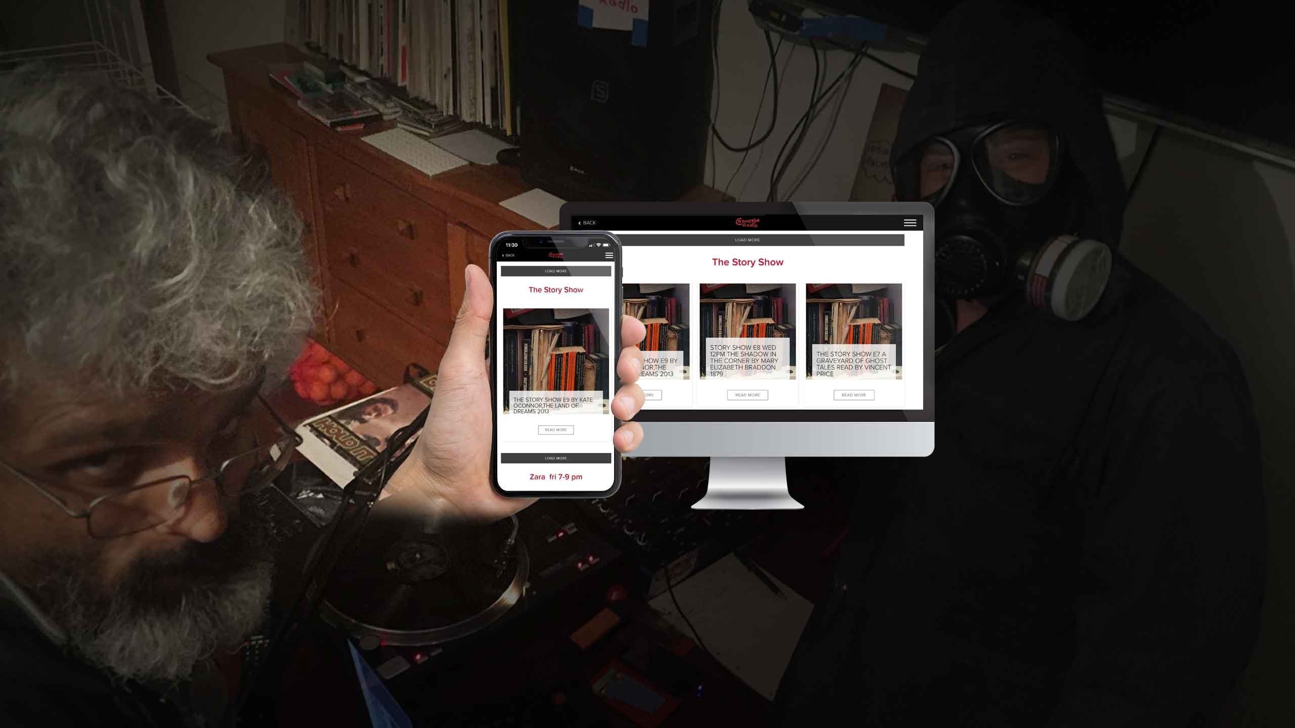 Copperpipe Radio The Story Show page on desktop and smartphone in a dimly lit studio scene
