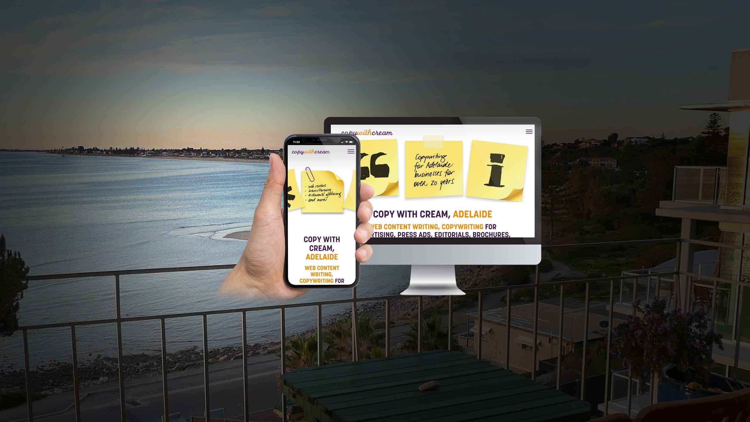 Copy With Cream homepage on desktop and mobile screens over a coastal balcony view