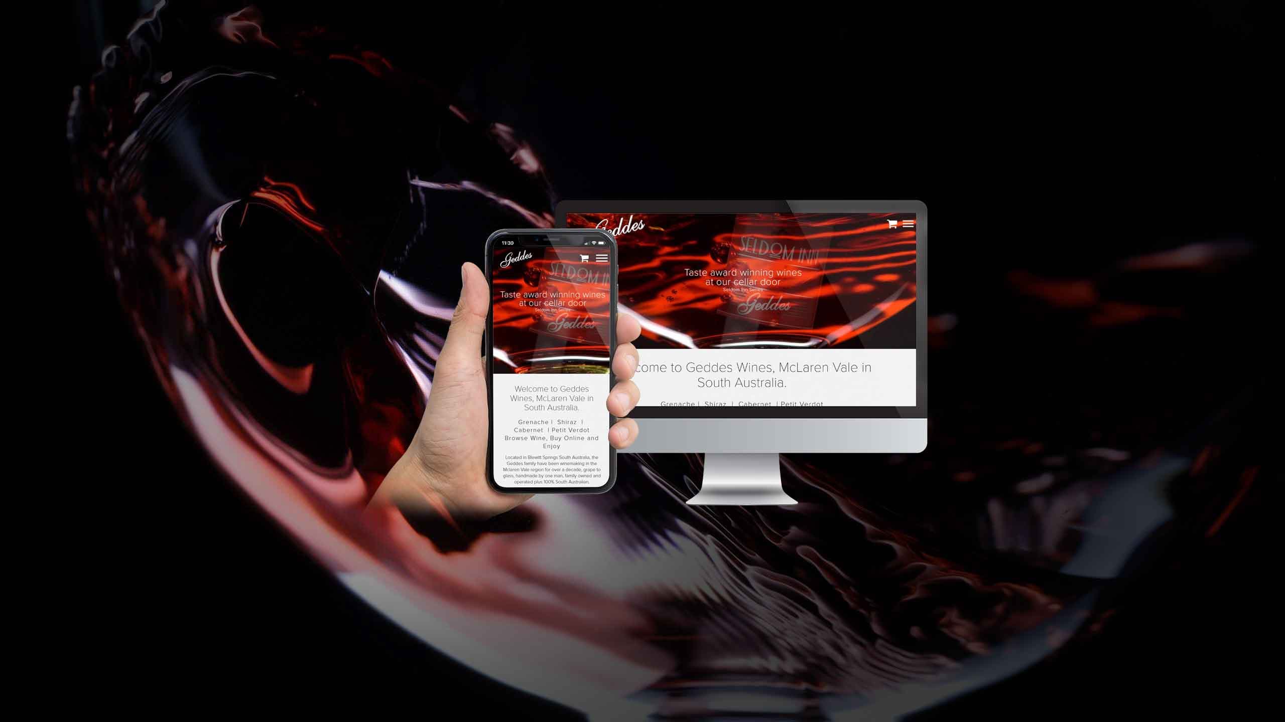 Geddes Wines website displayed on desktop and mobile against a red wine swirl backdrop