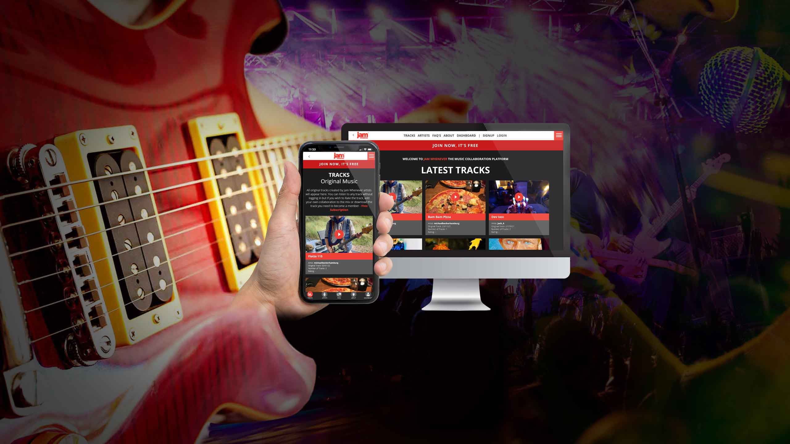 Jam Whenever latest tracks page on a desktop monitor and smartphone over a guitar-themed backdrop