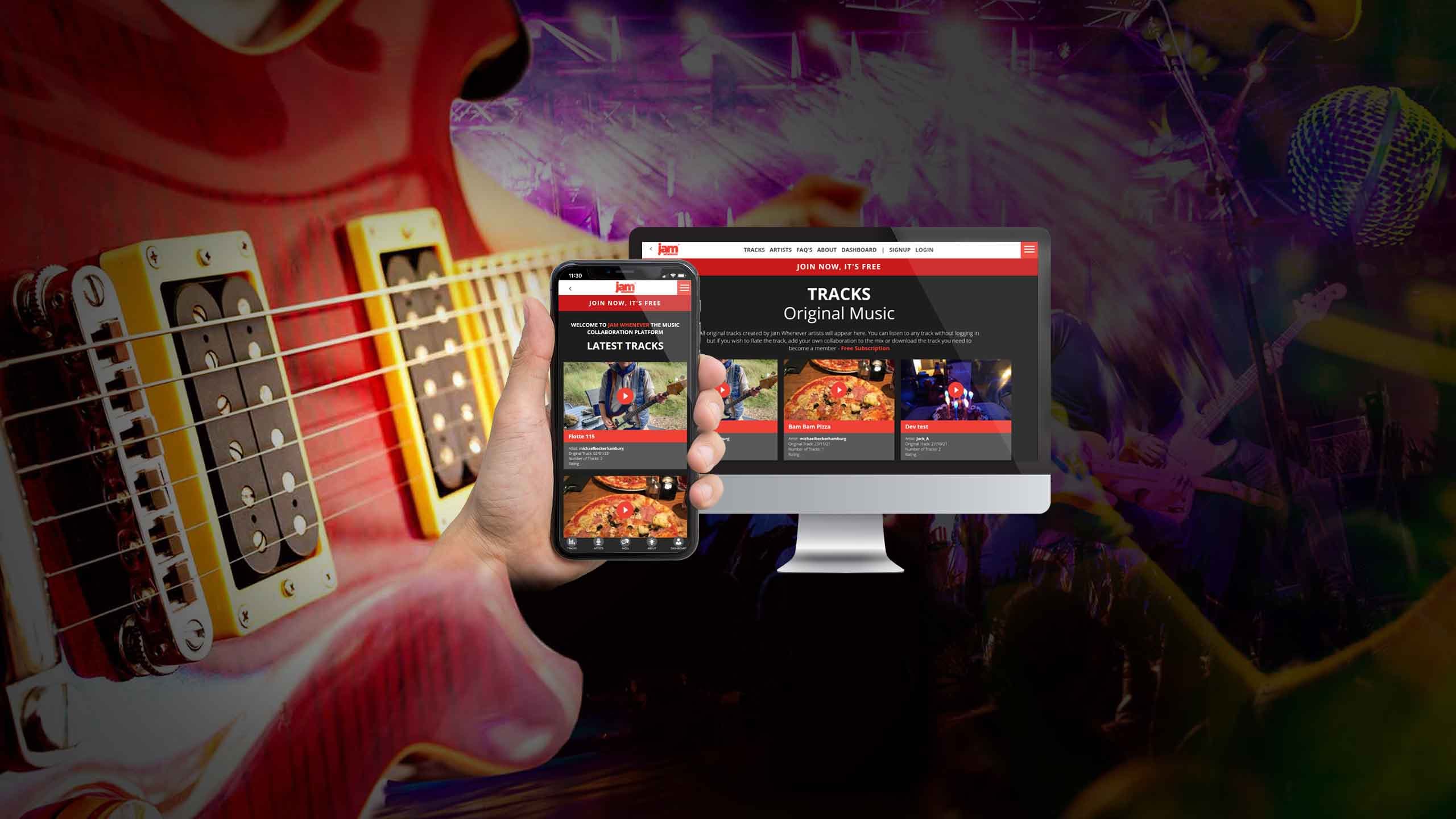 Jam Whenever tracks page on a desktop monitor and smartphone over a guitar-themed backdrop