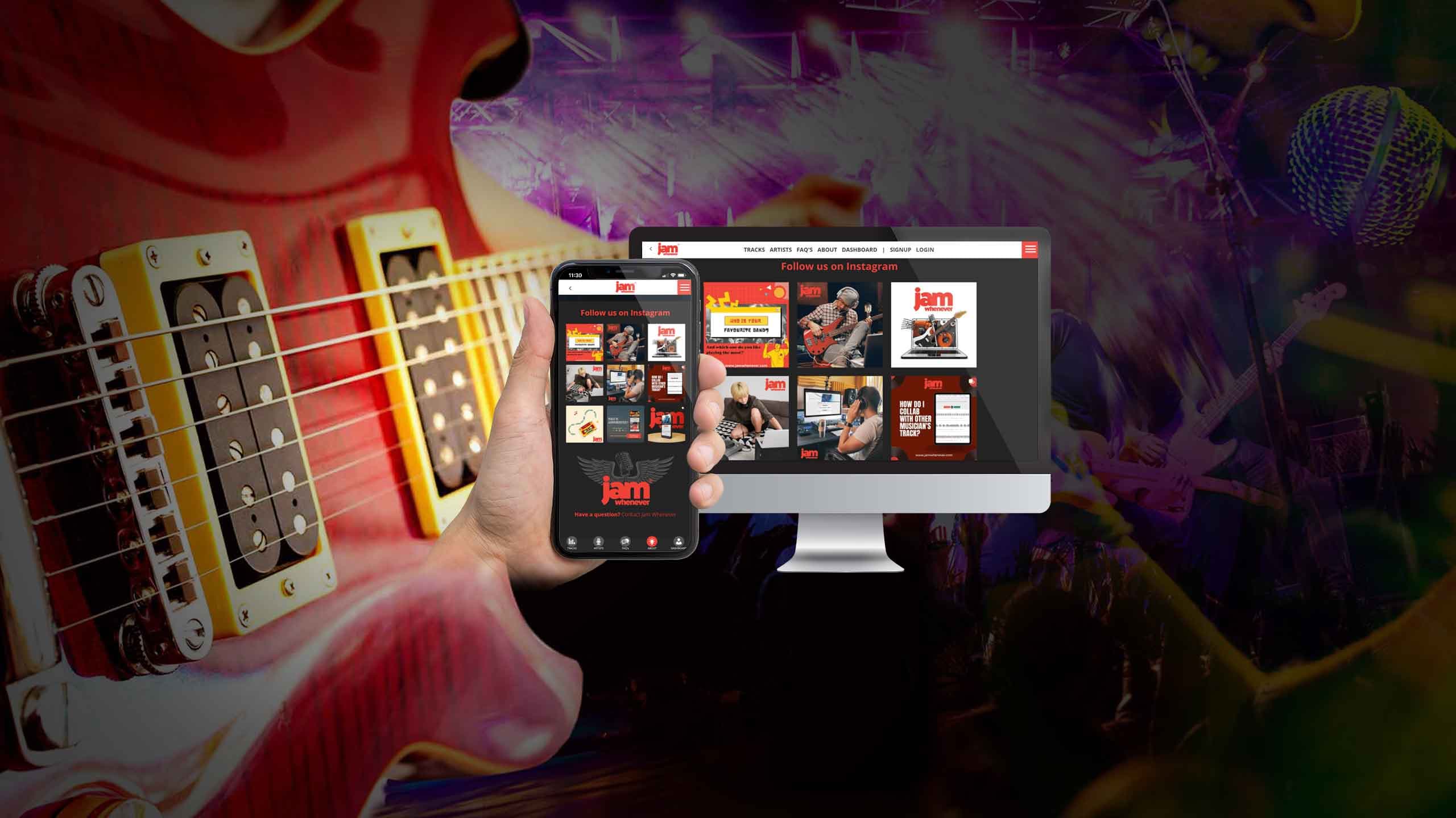 Jam Whenever Instagram feed page on a desktop monitor and smartphone over a guitar-themed backdrop
