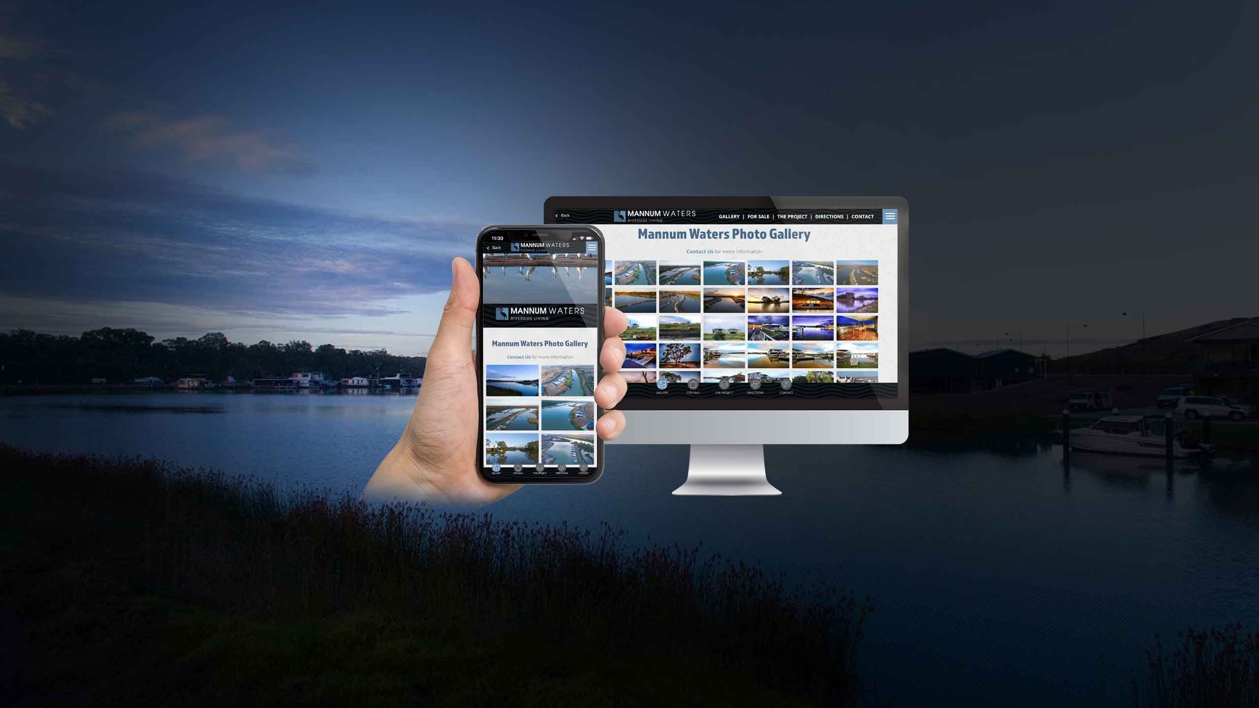 Mannum Waters Photo Gallery page on desktop and smartphone against a dusk river scene
