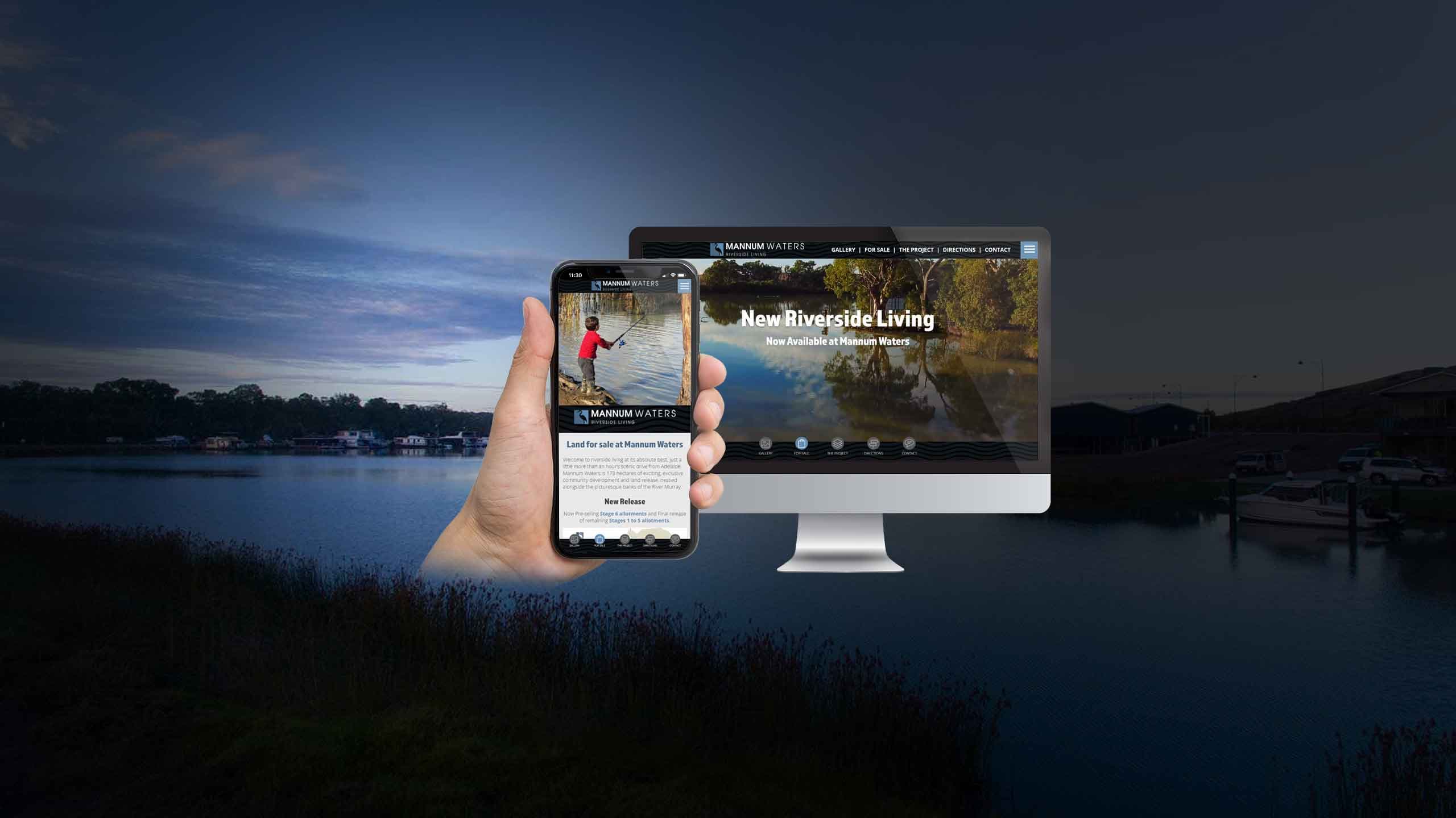 Mannum Waters homepage on desktop and smartphone against a dusk river scene with houseboats