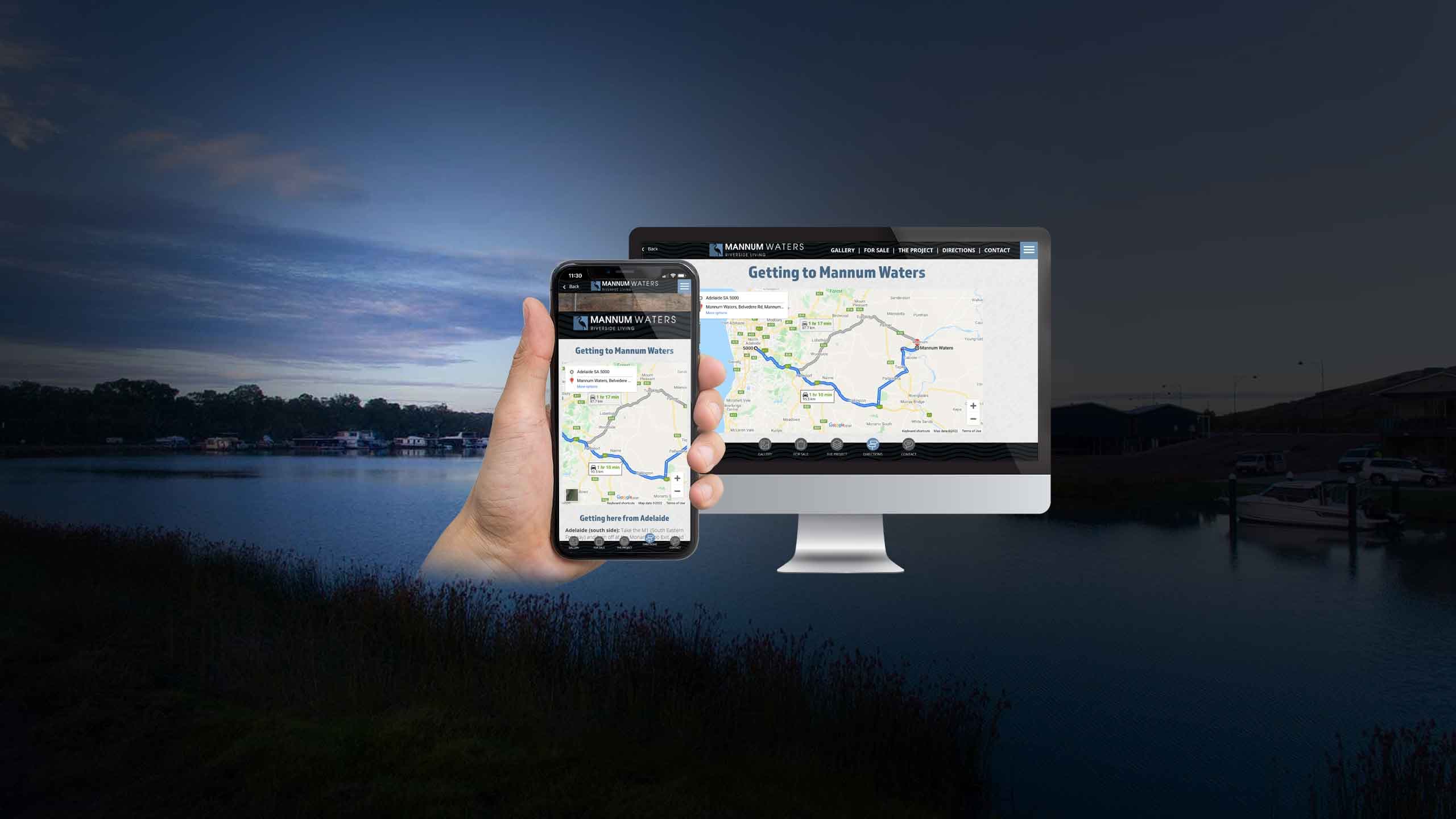 Mannum Waters directions page on desktop and smartphone against a dusk river scene