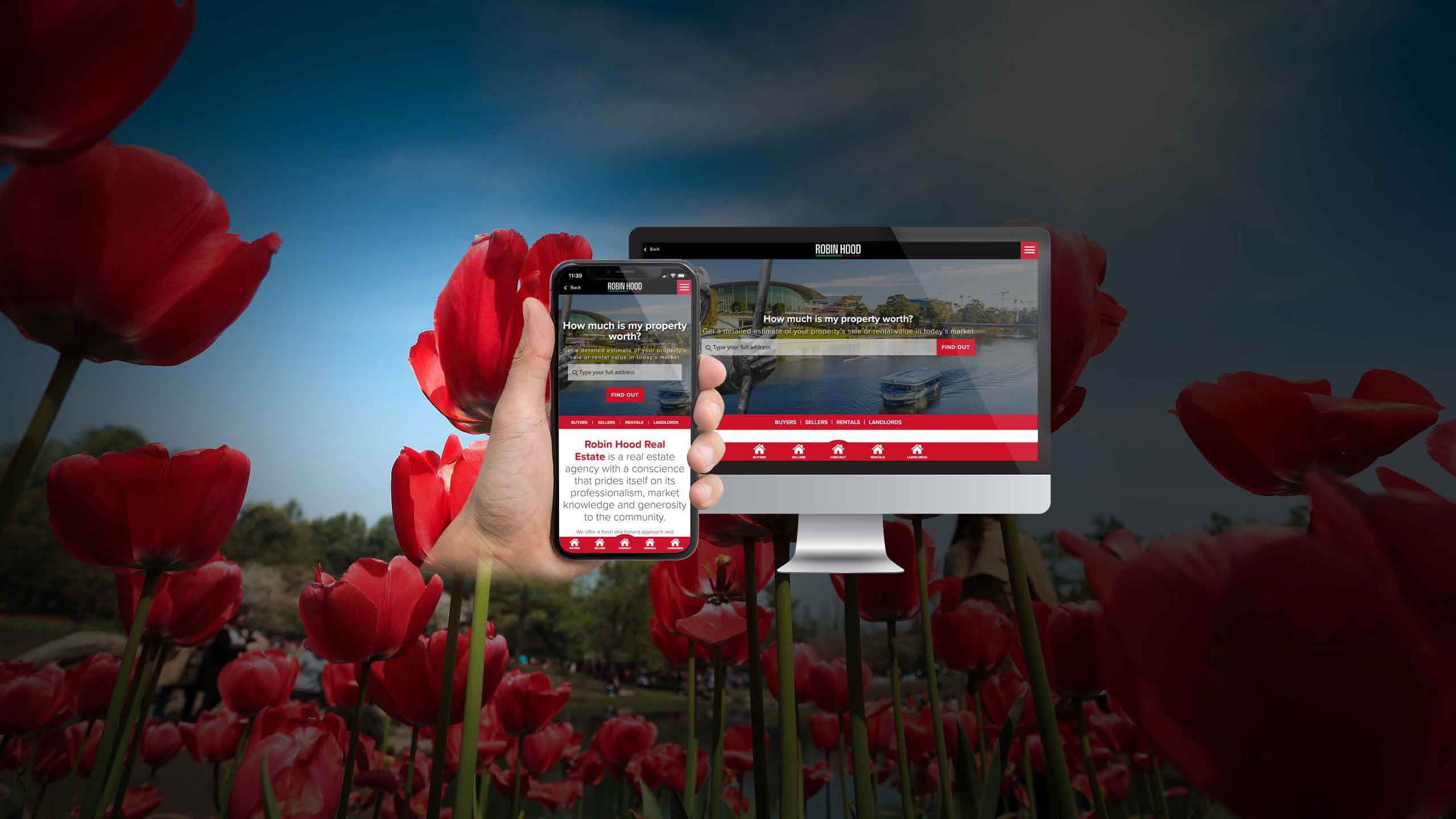 Robin Hood Real Estate homepage displayed on a desktop monitor and smartphone over an Adelaide riverbank tulip background
