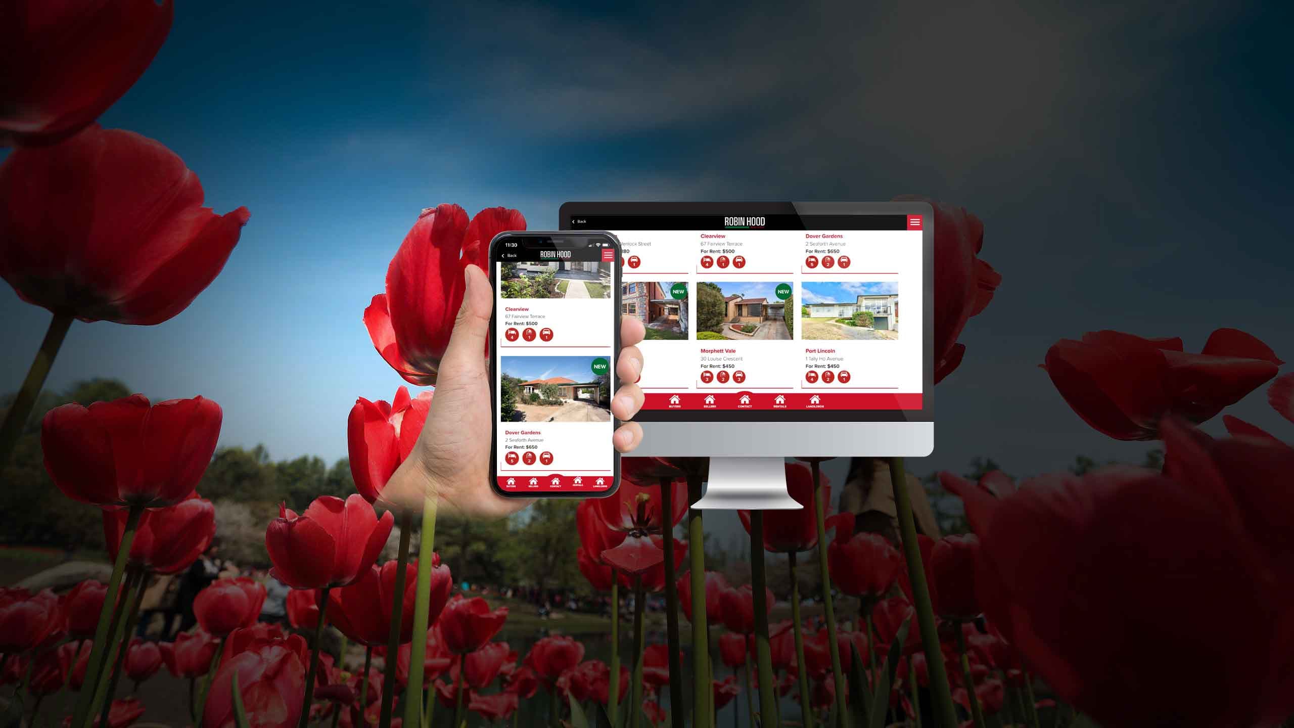 Robin Hood Real Estate rental listings page displayed on a desktop monitor and smartphone over a red tulip field background