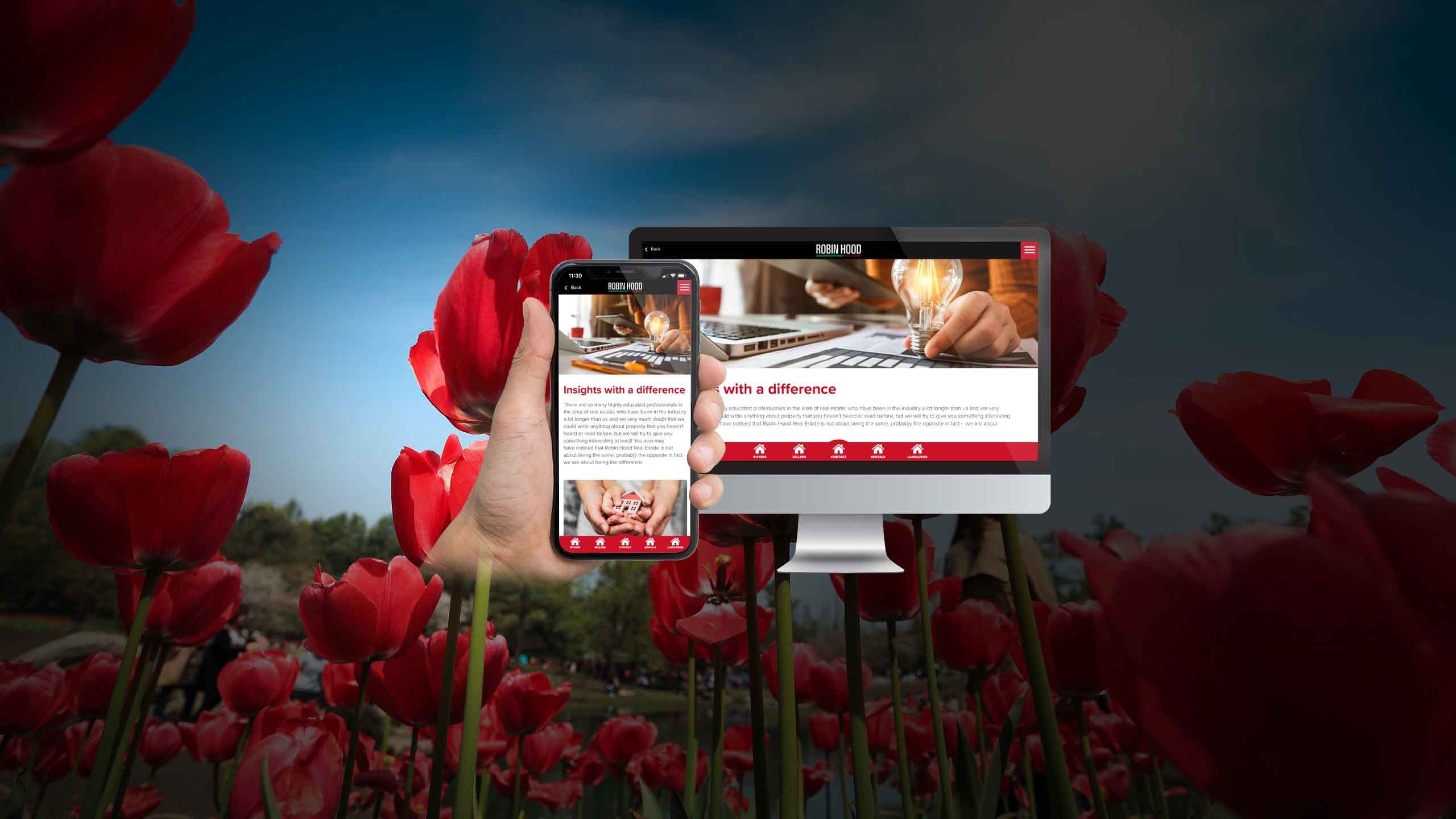 Robin Hood Real Estate blog page displayed on a desktop monitor and smartphone over a red tulip field background