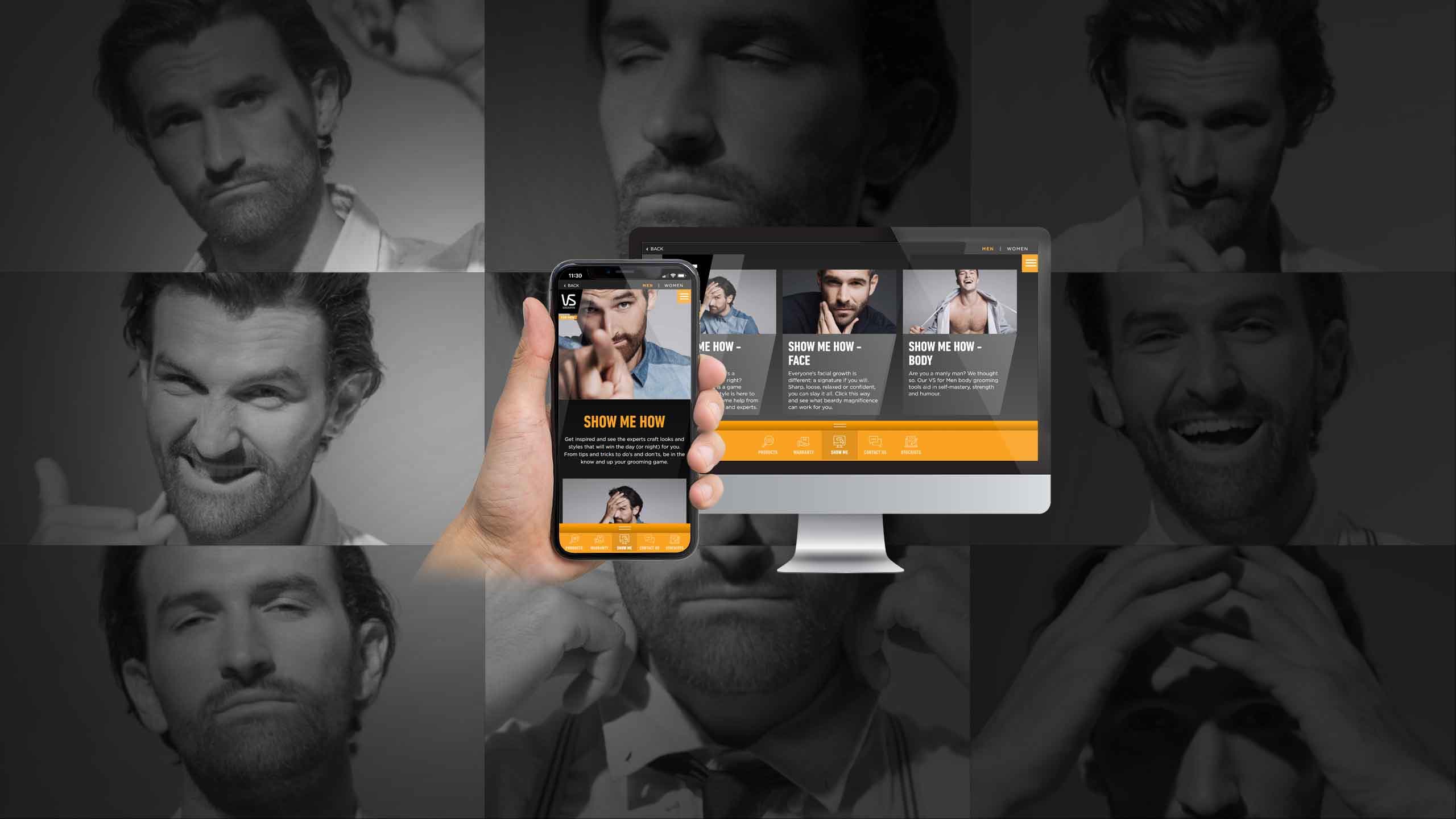 VS Sassoon for Men "Show Me How" page shown on a desktop monitor and smartphone over a grooming photo collage