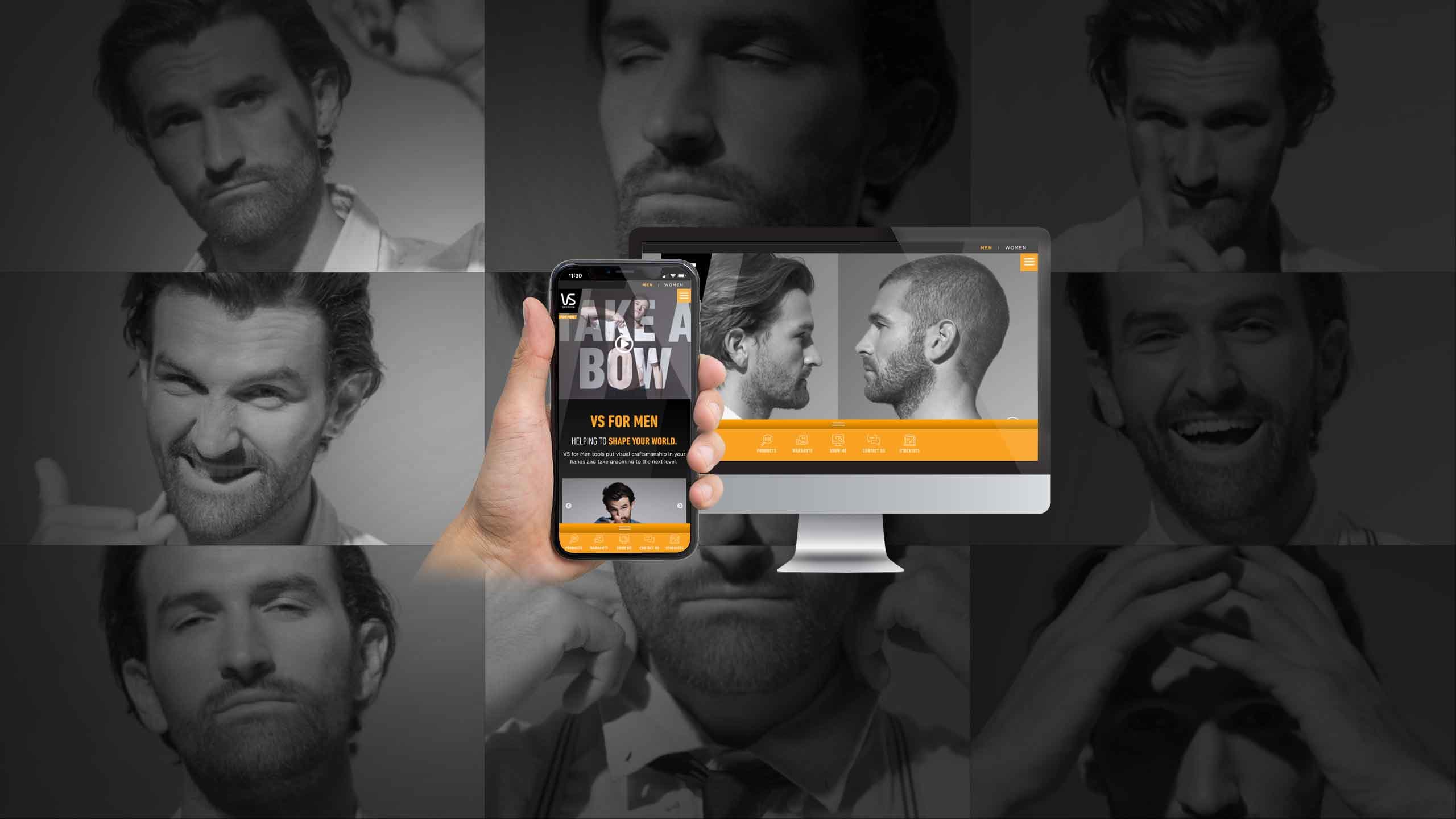 VS Sassoon for Men "Take a Bow" homepage shown on a desktop monitor and smartphone over a grooming photo collage