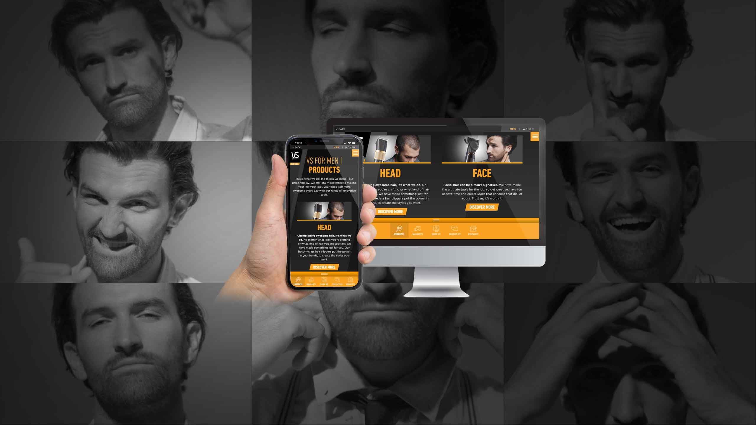 VS Sassoon for Men products page shown on a desktop monitor and smartphone over a grooming photo collage