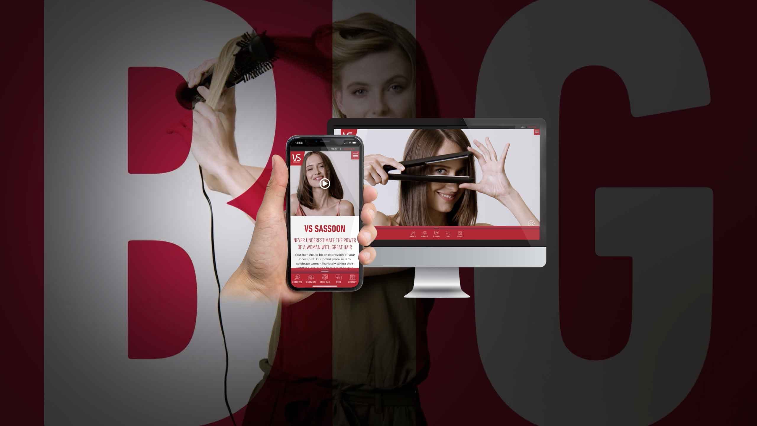 VS Sassoon homepage on a desktop monitor and smartphone over a hairstyling photo backdrop
