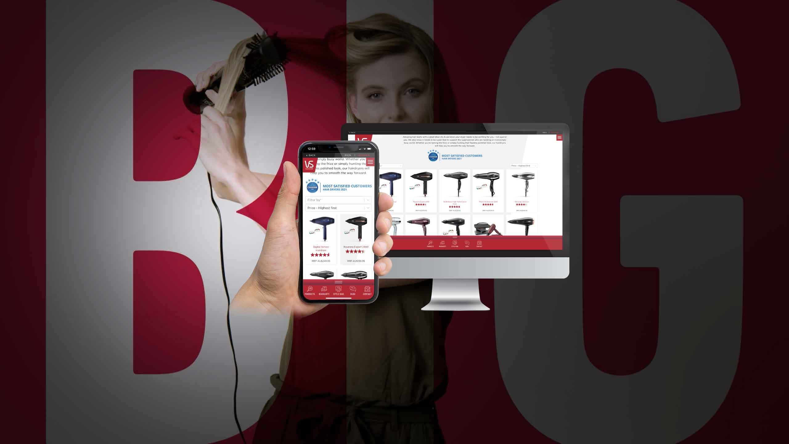 VS Sassoon hairdryer products page on a desktop monitor and smartphone over a hairstyling photo backdrop