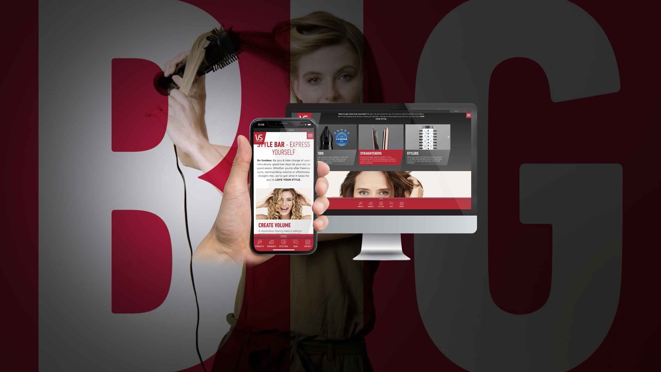 VS Sassoon Style Bar page on a desktop monitor and smartphone over a hairstyling photo backdrop