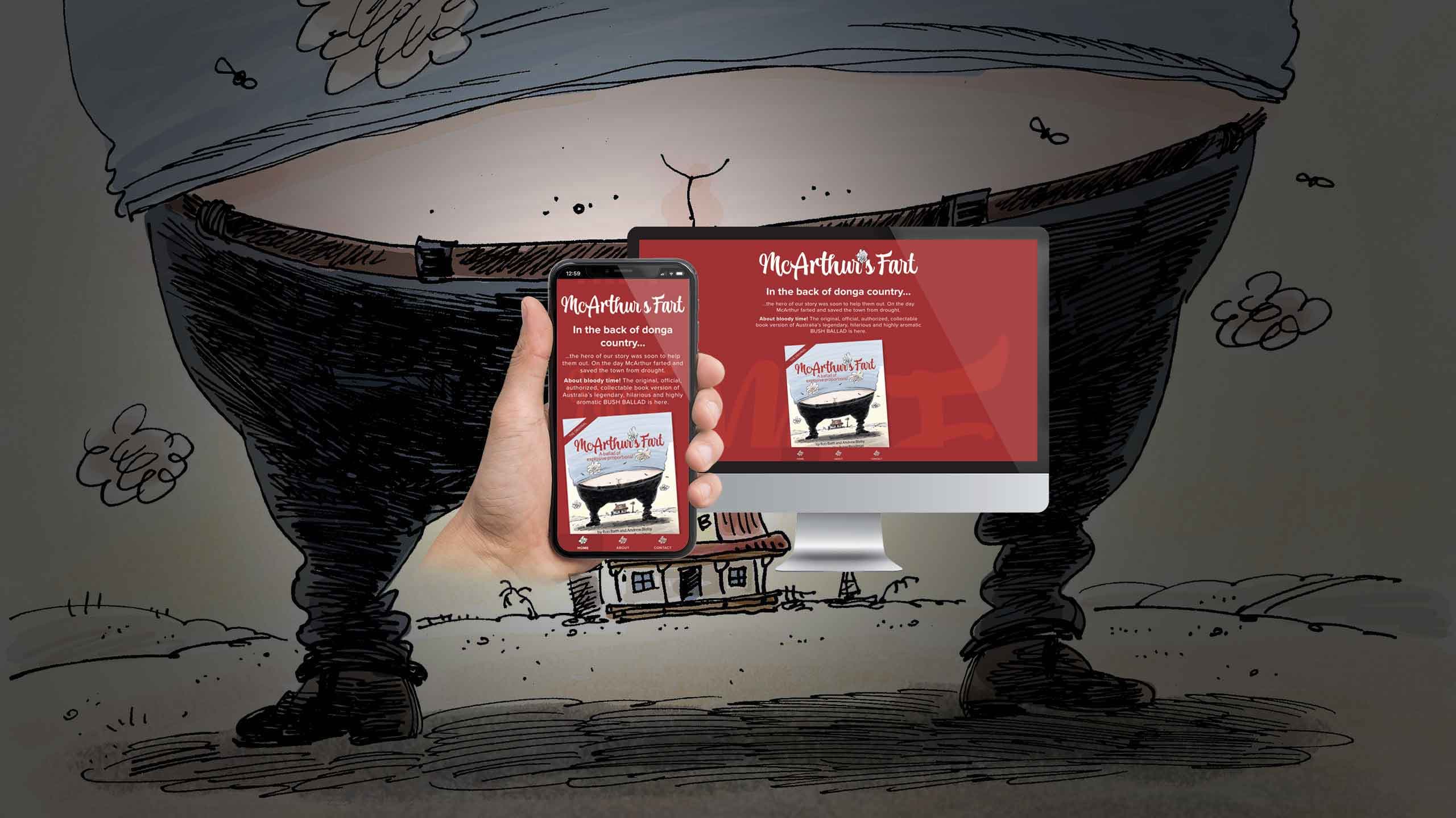 McArthur's Fart website homepage on a desktop monitor and smartphone over a cartoon bathtub illustration