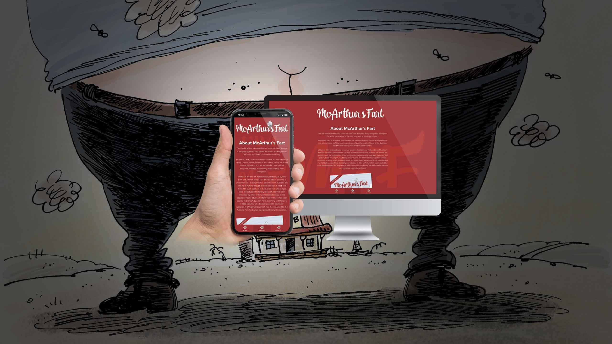 McArthur's Fart website About page on a desktop monitor and smartphone over a cartoon bathtub illustration