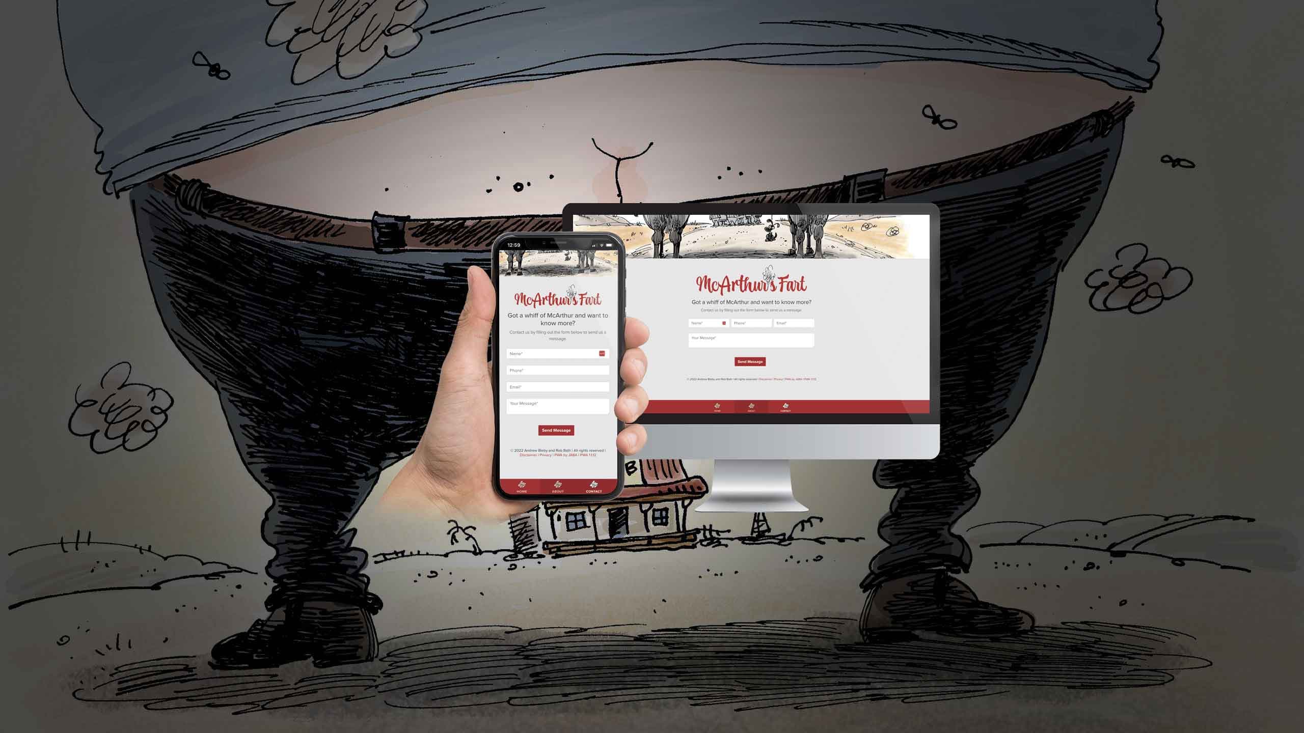 McArthur's Fart website Contact page on a desktop monitor and smartphone over a cartoon bathtub illustration