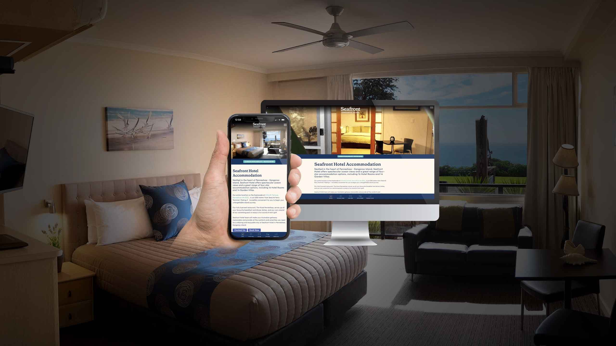 Seafront Kangaroo Island hotel accommodation page shown on a desktop monitor and smartphone in a hotel room
