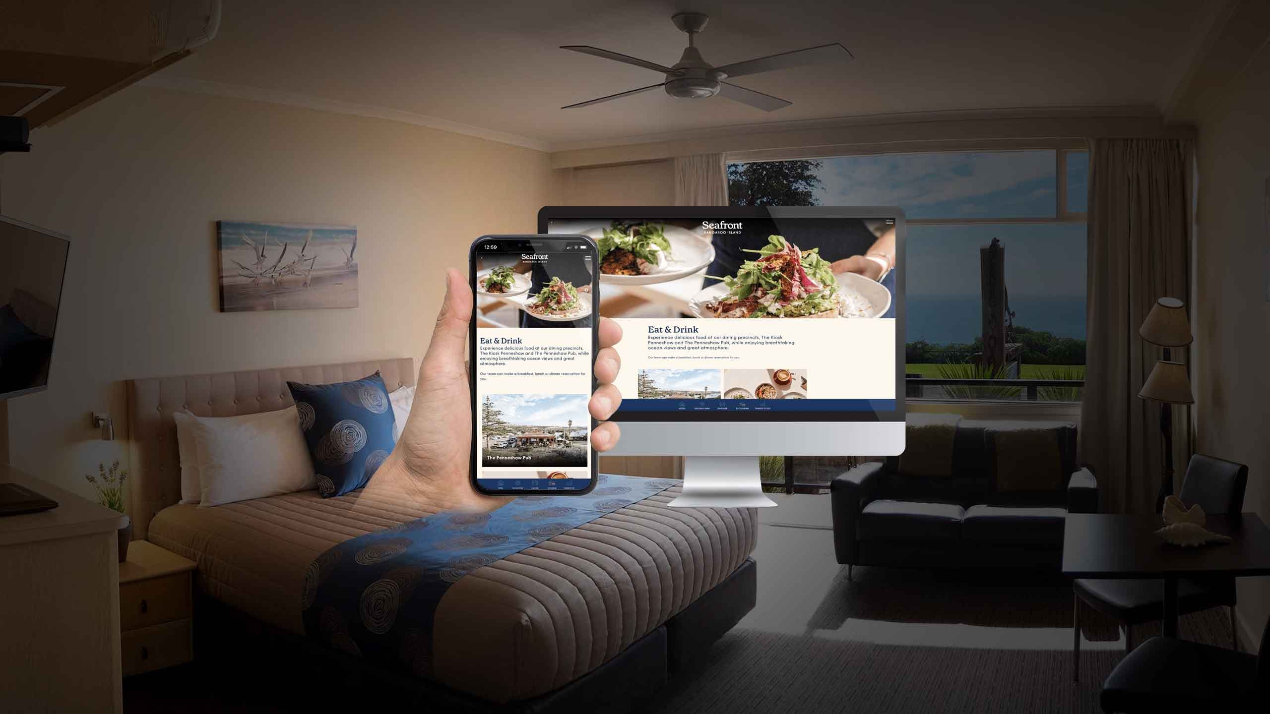 Seafront Kangaroo Island eat and drink page shown on a desktop monitor and smartphone in a hotel room