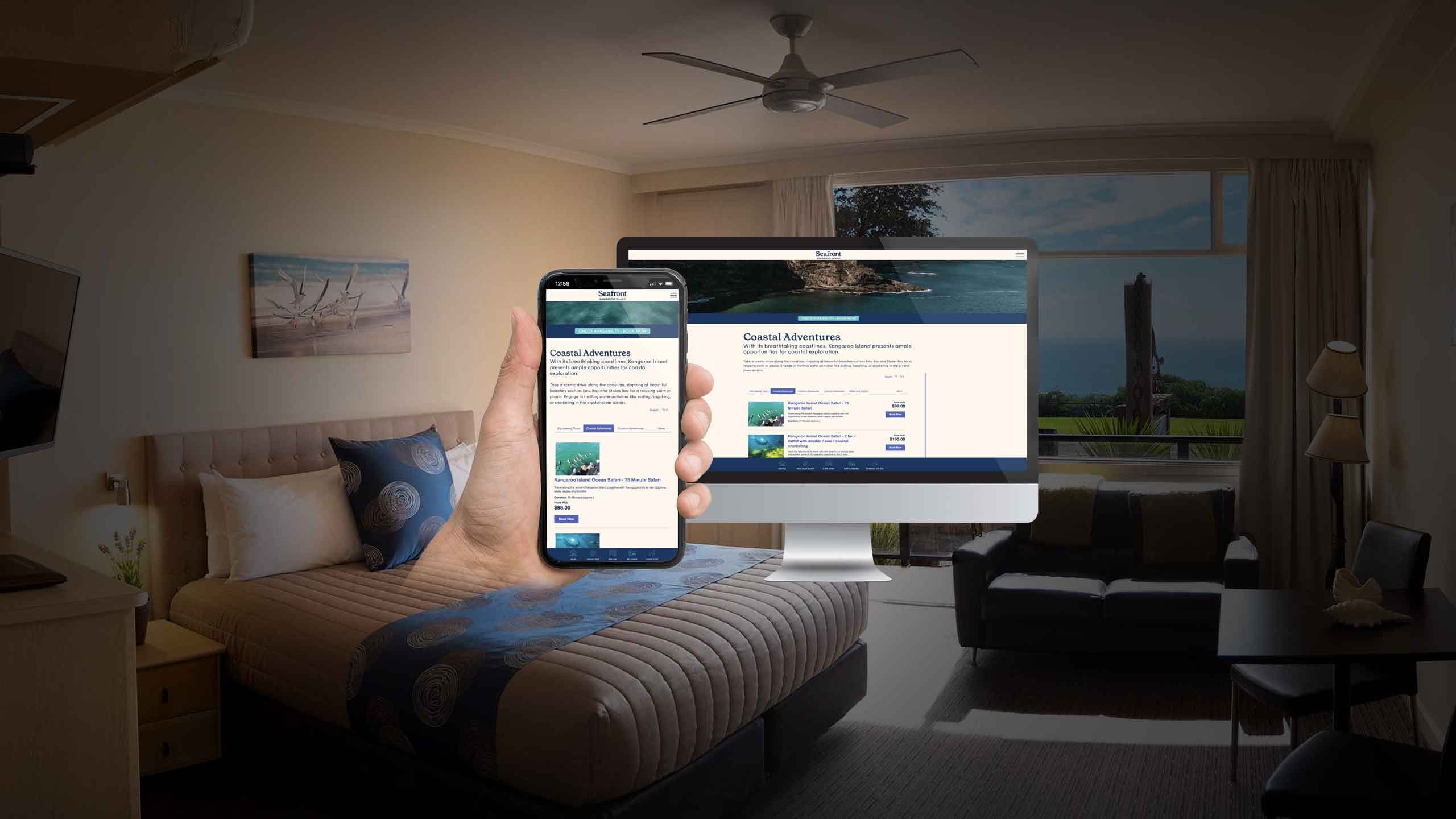 Seafront Kangaroo Island coastal adventures page shown on a desktop monitor and smartphone in a hotel room