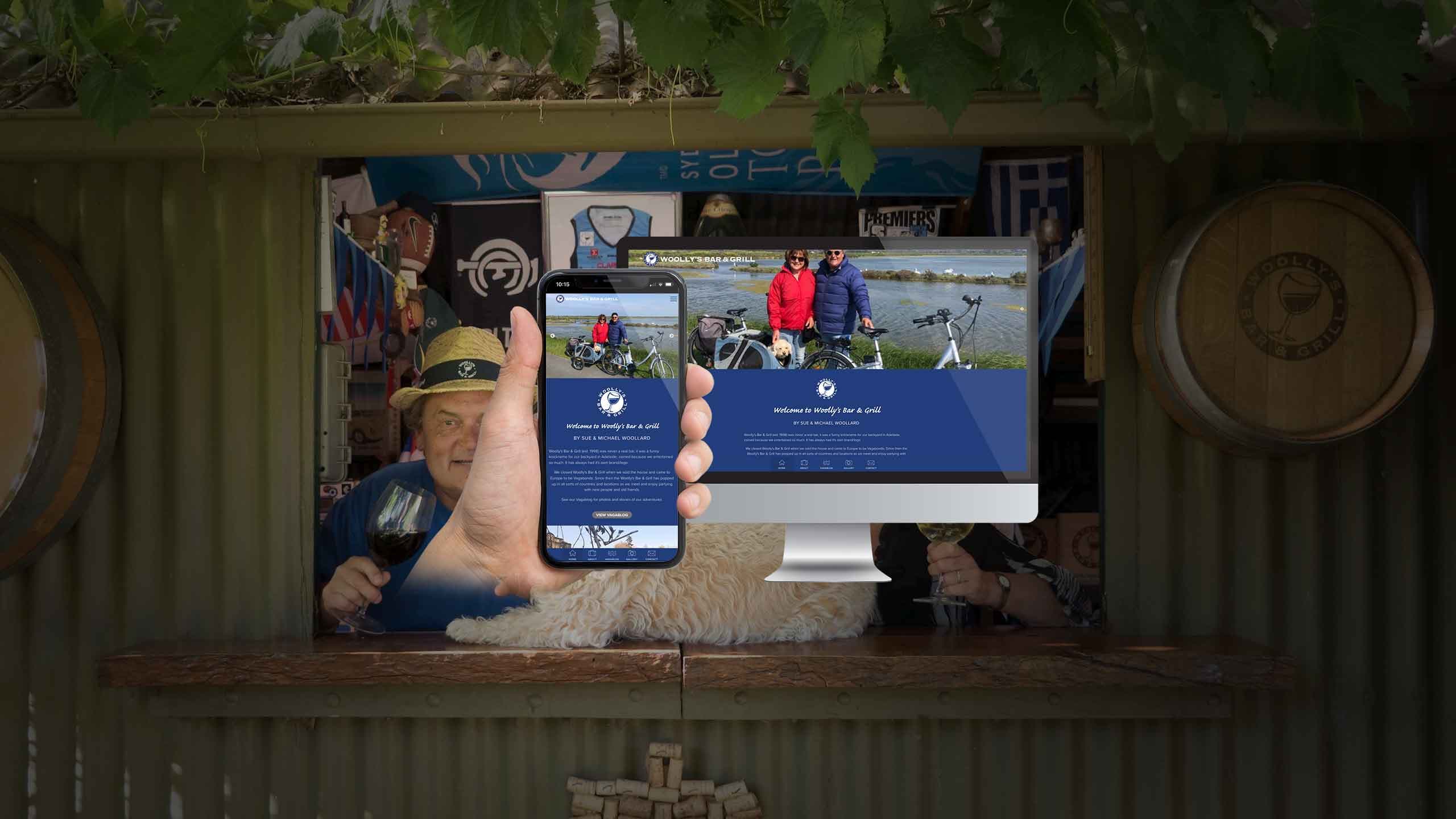 Woolly's Bar and Grill website shown on desktop and smartphone at Sue and Michael Woollard's bar