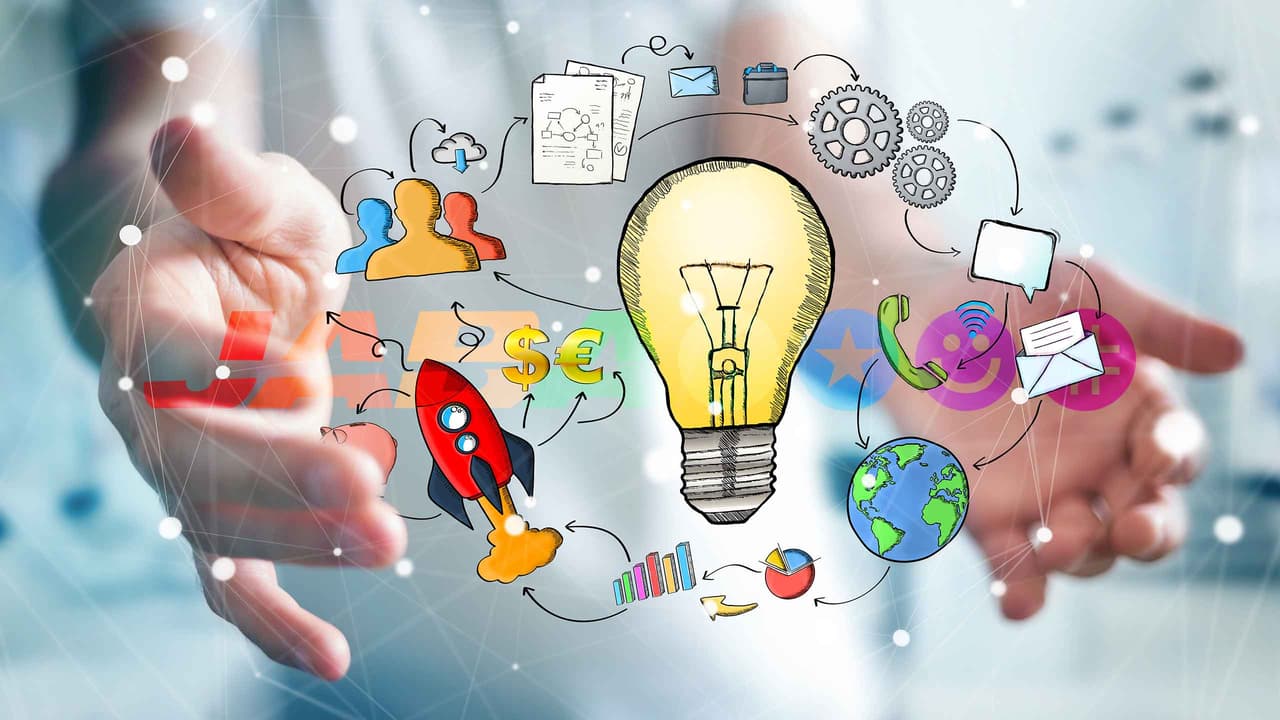 Hands presenting a lightbulb surrounded by marketing and business icons for a strategy concept