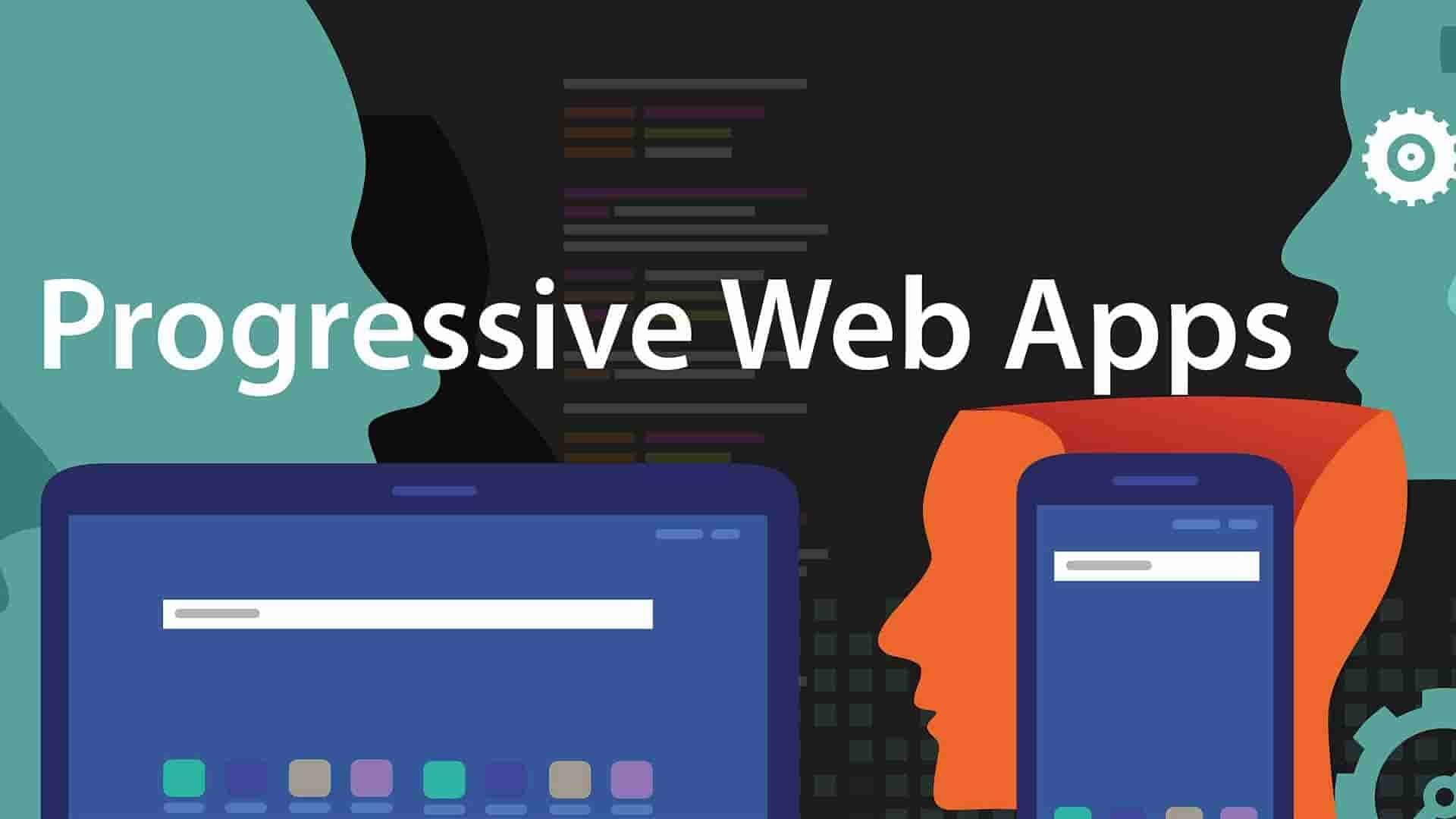 Progressive Web Apps illustration with laptop and phone screens between two stylised user profiles