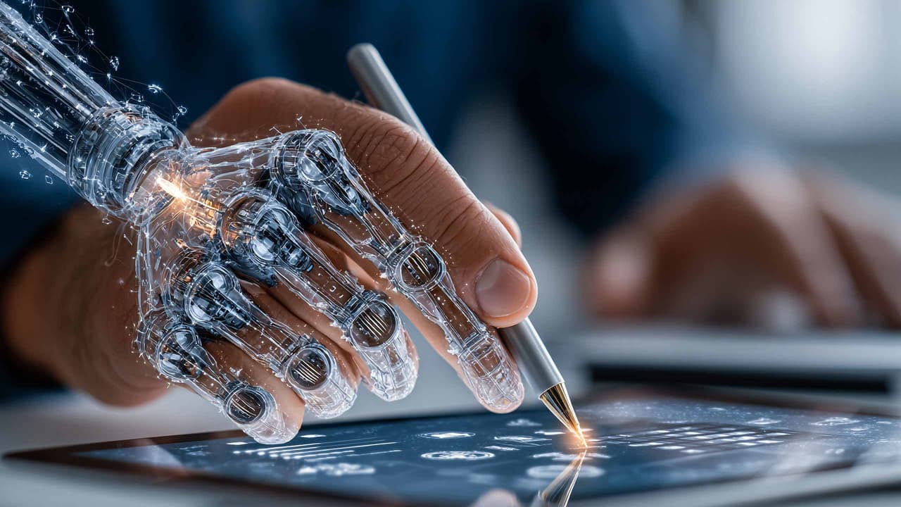 Robotic hand and human hand using a stylus on a digital tablet, representing AI in web design