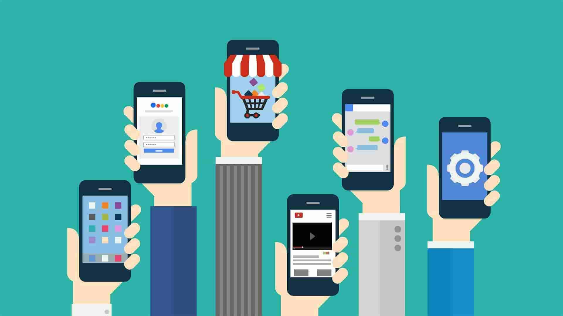 Hands holding smartphones showing login, shopping, video and chat app icons, illustrating progressive web apps