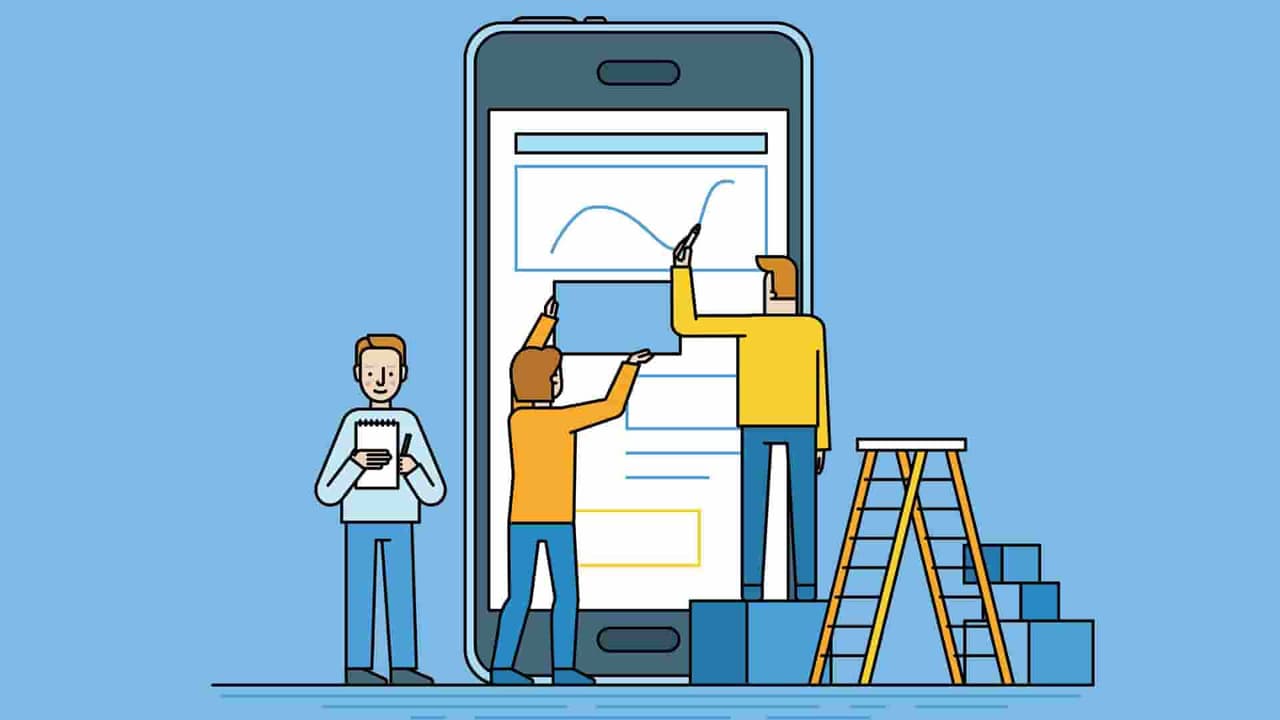 Illustration of a team building and inspecting a website on a giant smartphone screen