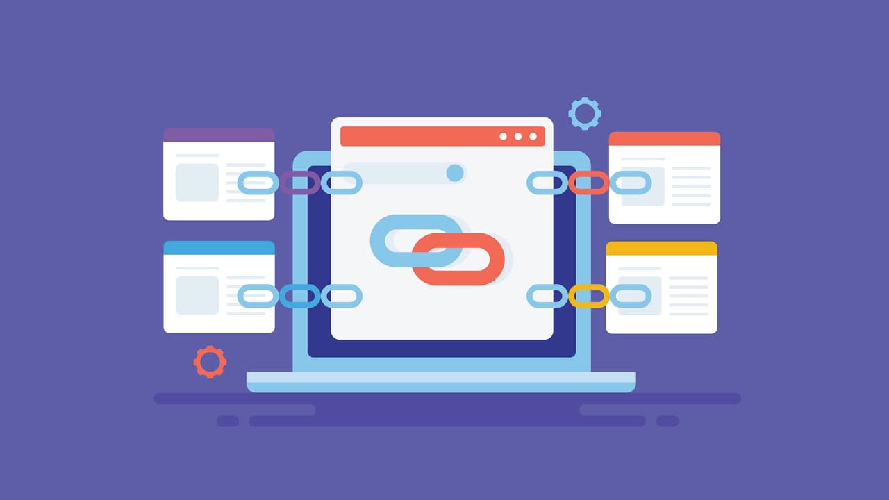 Illustration of a laptop with web pages connected by chain links representing internal linking