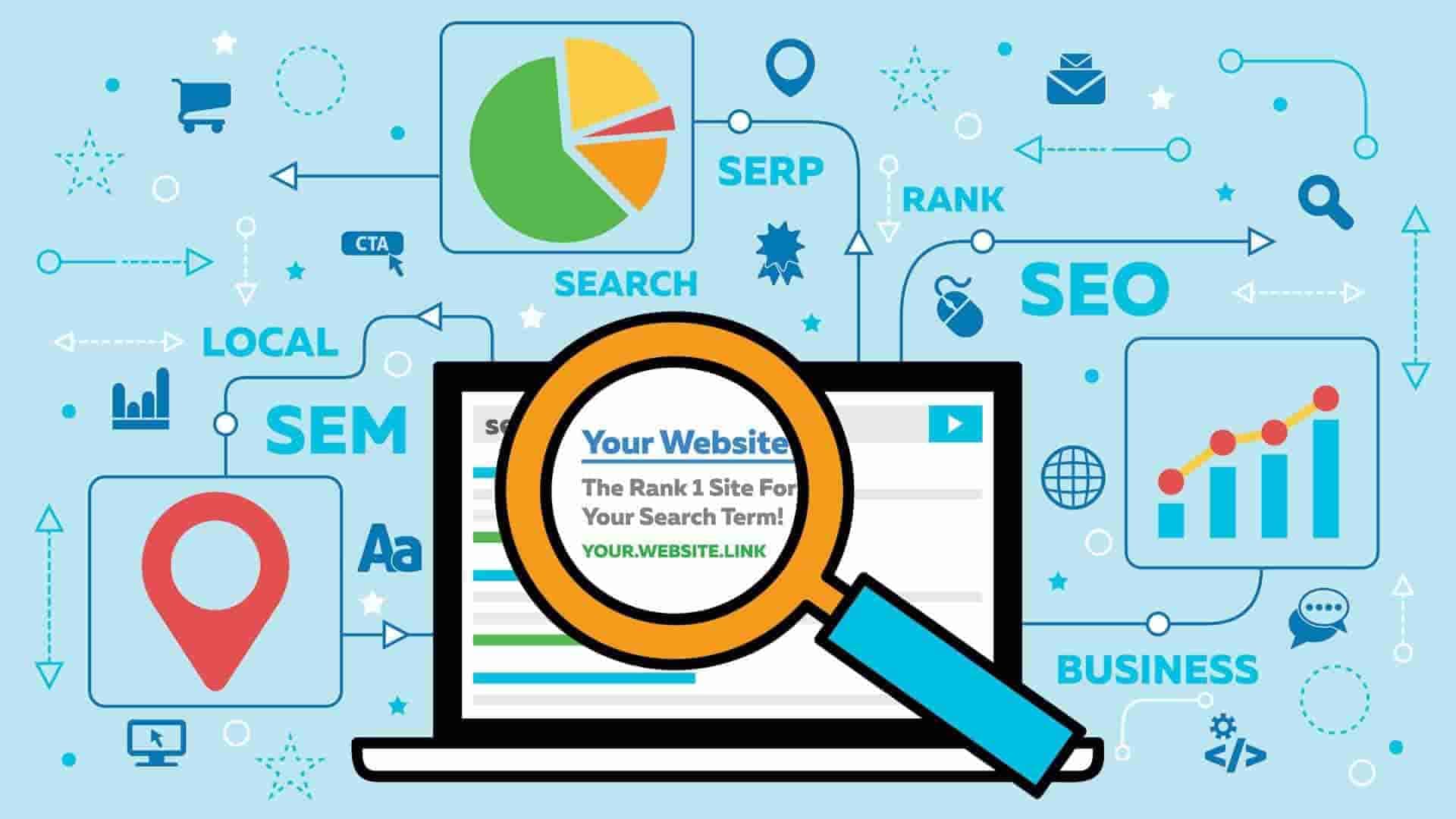 Flat icon illustration of SEO concepts including search rankings, SERP, local search and business growth