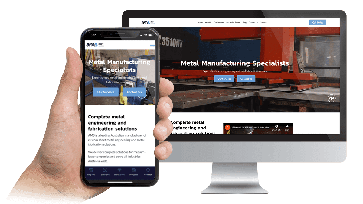 Alliance Metal Solutions website displayed on a desktop monitor and smartphone