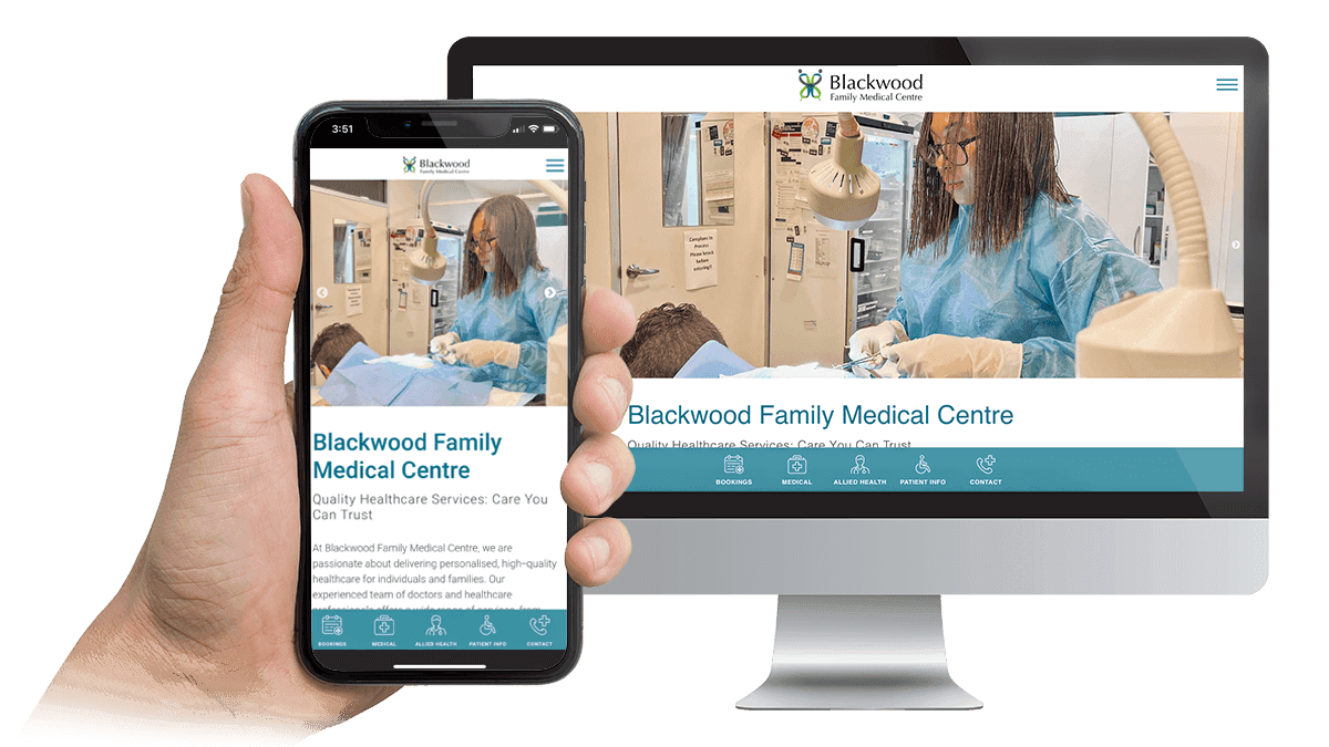 Blackwood Family Medical Centre website homepage displayed on a desktop monitor and smartphone