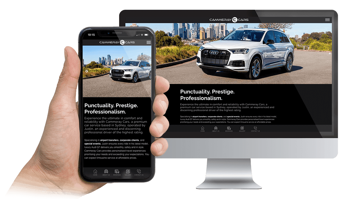 Cammeray Cars website homepage with an Audi Q7 displayed on a desktop monitor and smartphone