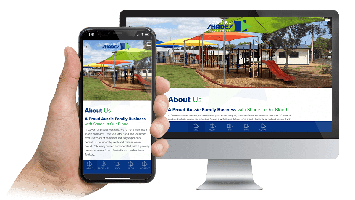Cover All Shades Australia website About Us page on a desktop monitor and smartphone