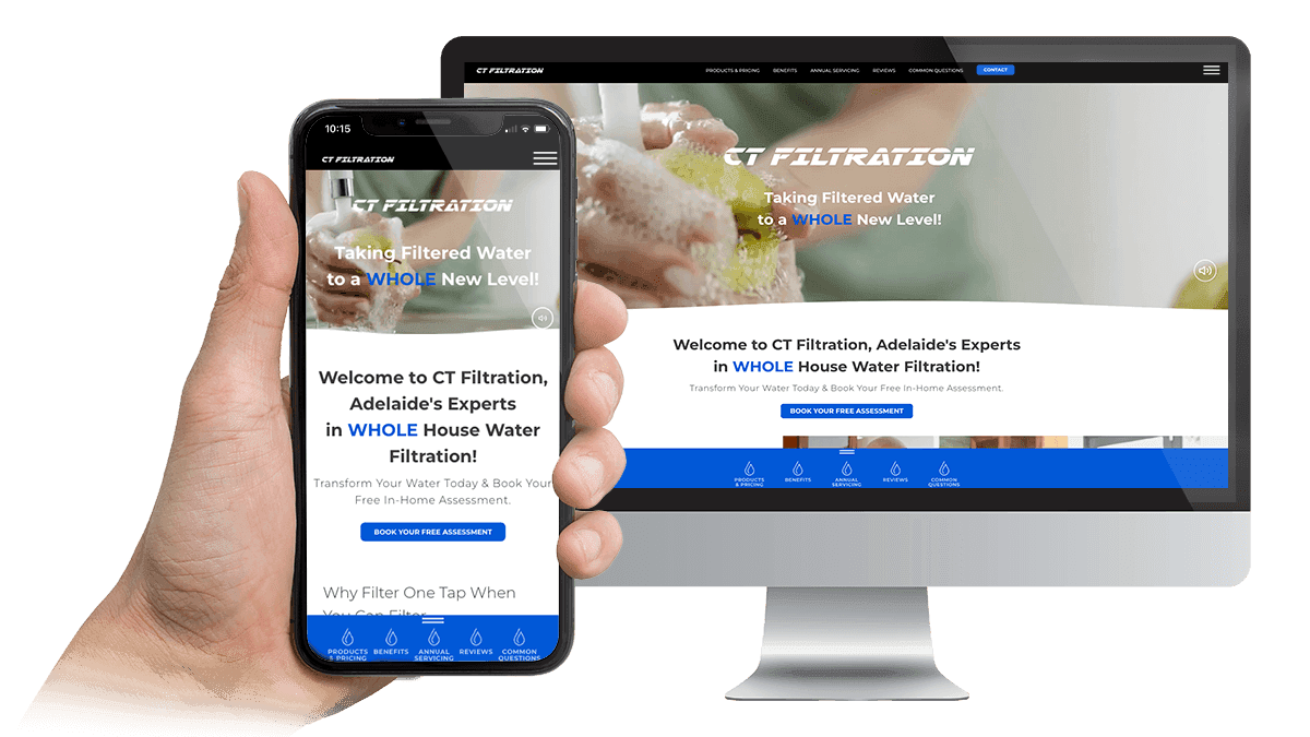 CT Filtration website homepage displayed on a desktop monitor and smartphone